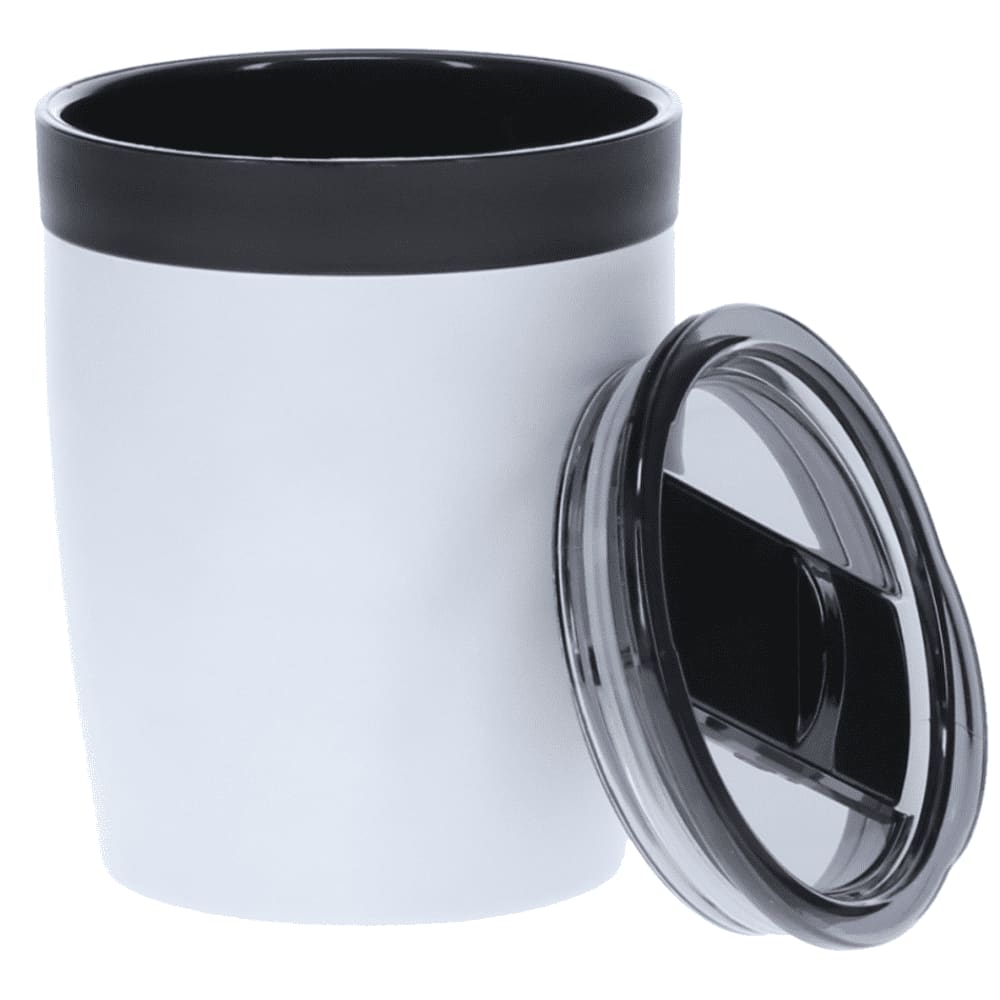 A white coffee mug with a black lid. The mug has a sleek design and includes a logo on the side. Mariana double wall coffee mug - Image 1