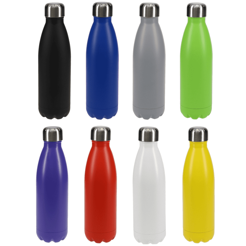 A drink bottle collection featuring black, blue, grey, green, purple, red, white, and yellow bottles with metal lids. Patton double wall stainless steel vaccum drink bottle - Image 1
