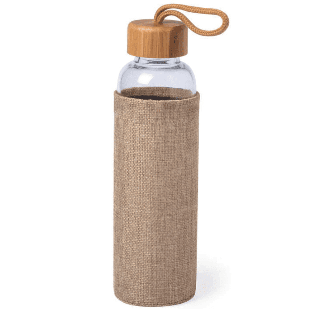 A drink bottle with a clear glass body, a bamboo lid, and a beige fabric sleeve with a loop. Bamoz glass bottle - Image 1