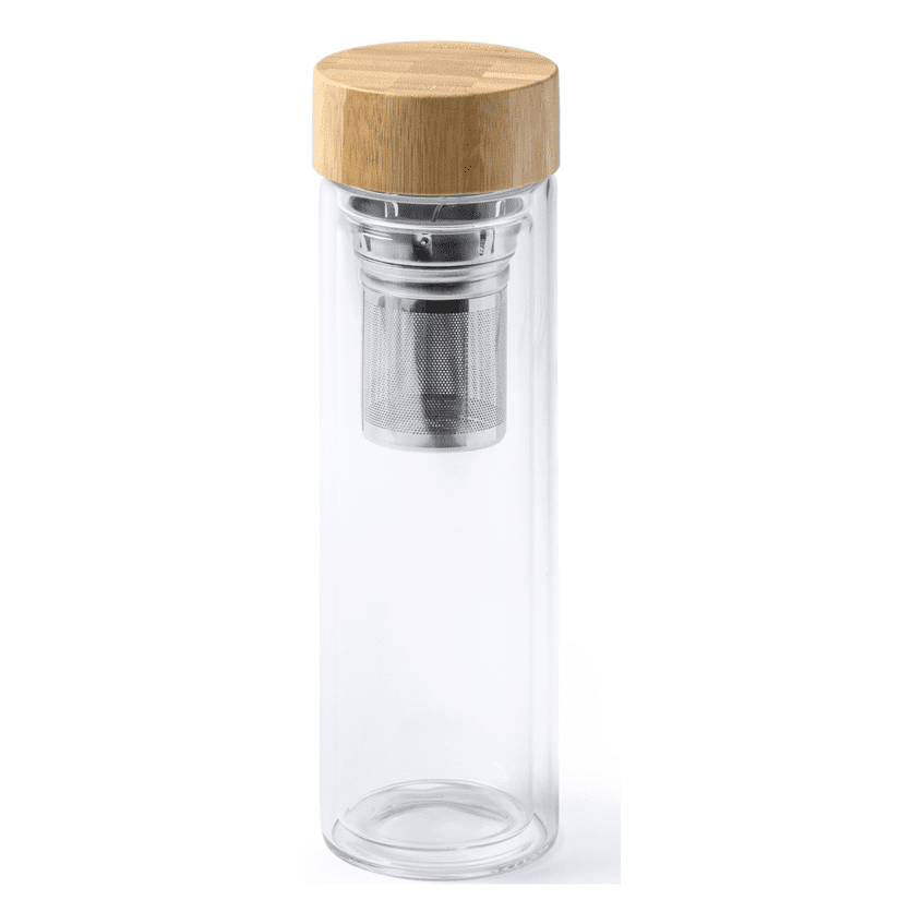 A drink bottle with a clear glass body, a stainless steel infuser, and a bamboo lid. Sage glass bottle - Image 1
