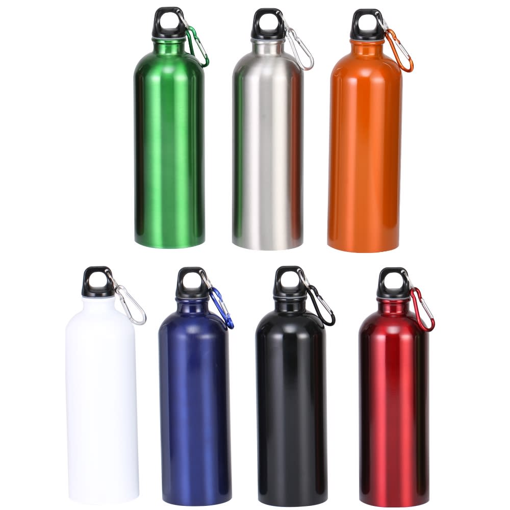 A drink bottle collection featuring green, silver, orange, white, blue, black, and red aluminium designs with a logo. Savage single wall stainless steel drink bottle - Image 1