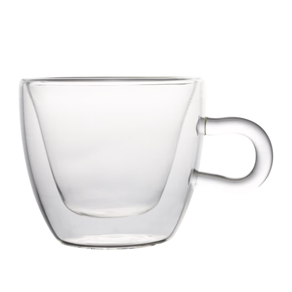 A clear glass coffee mug with a modern design and a unique handle. Glass coffee cap - Image 1