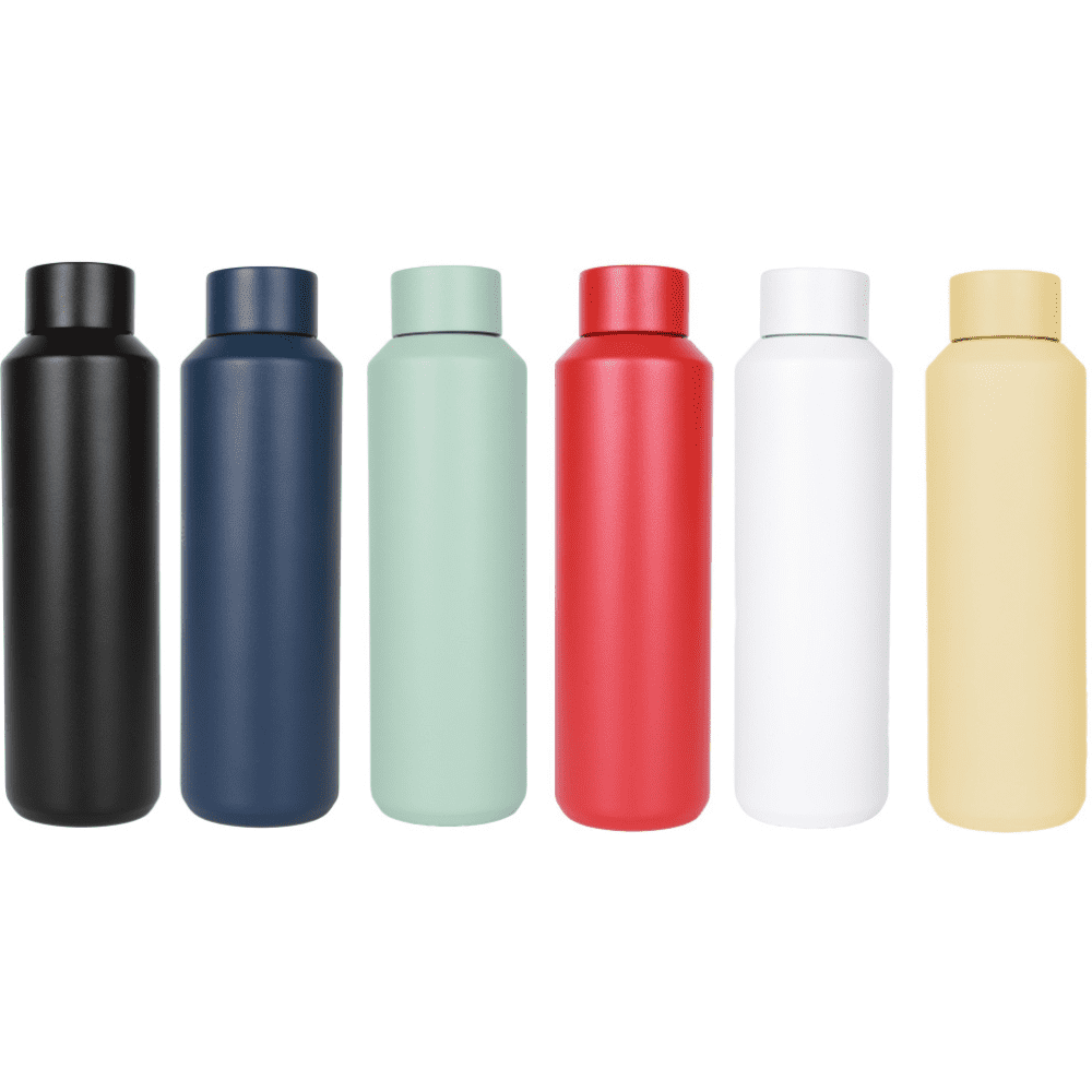 A drink bottle collection featuring black, navy, mint, red, white, and yellow colours, each with a sleek design and branding. Sicily double wall stainless steel vaccum drink bottle - Image 1