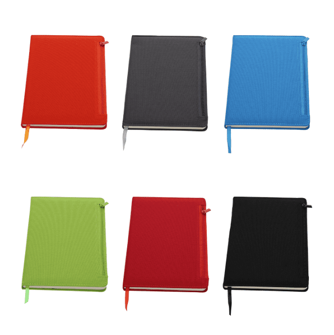 A collection of notebooks in red, grey, blue, green, dark red, and black, featuring a logo and zip closure. Thompson Notebook - Image 1