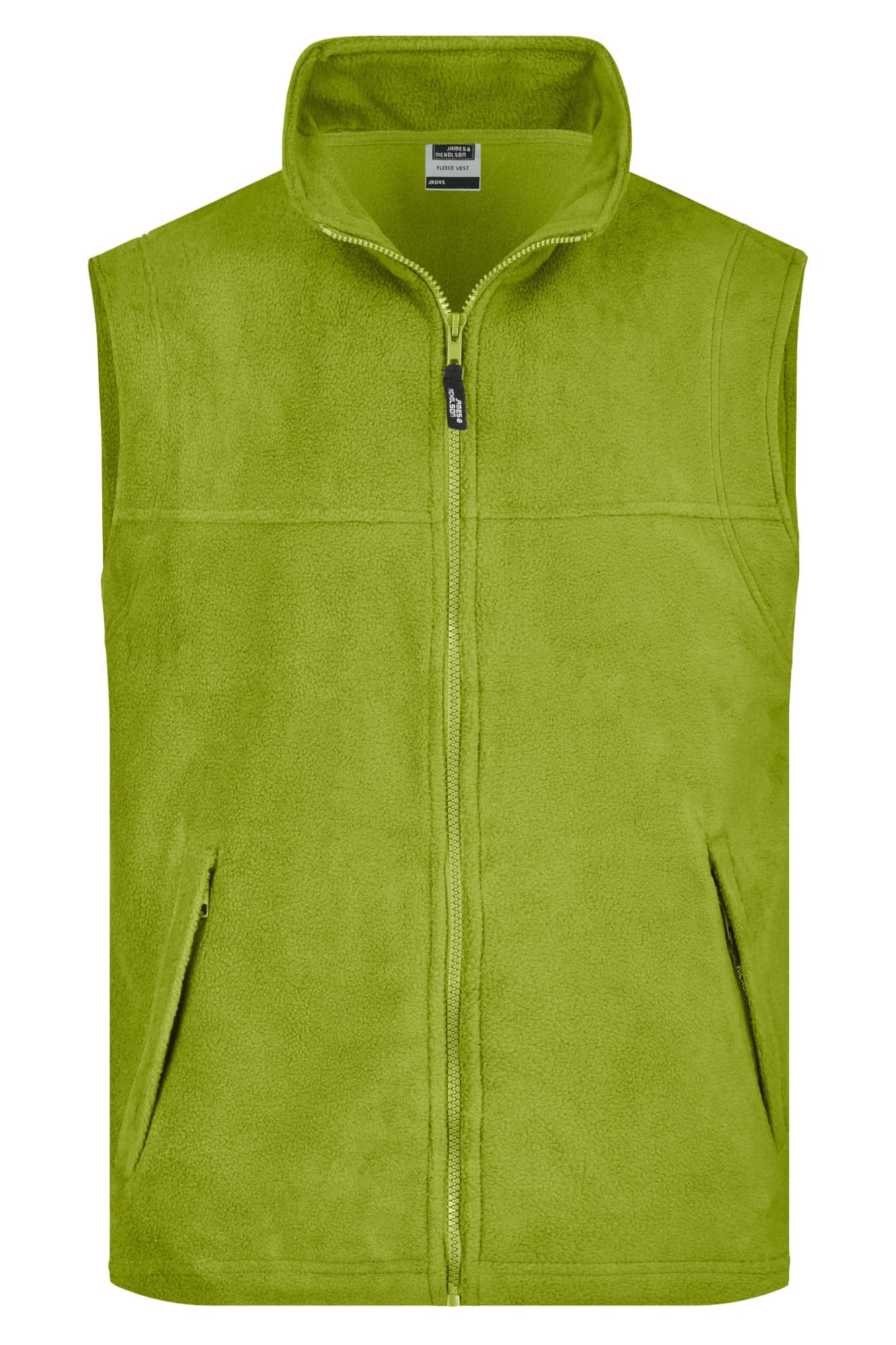 A green fleece vest with a high collar and zip closure, featuring side pockets and a logo. Fleece Vest - Image 1