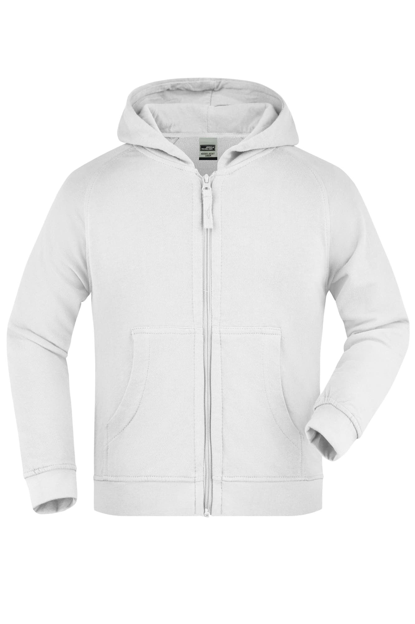 A white hooded jacket with a zip front and pockets, featuring a logo on the left side. Hooded Jacket Junior - Image 1