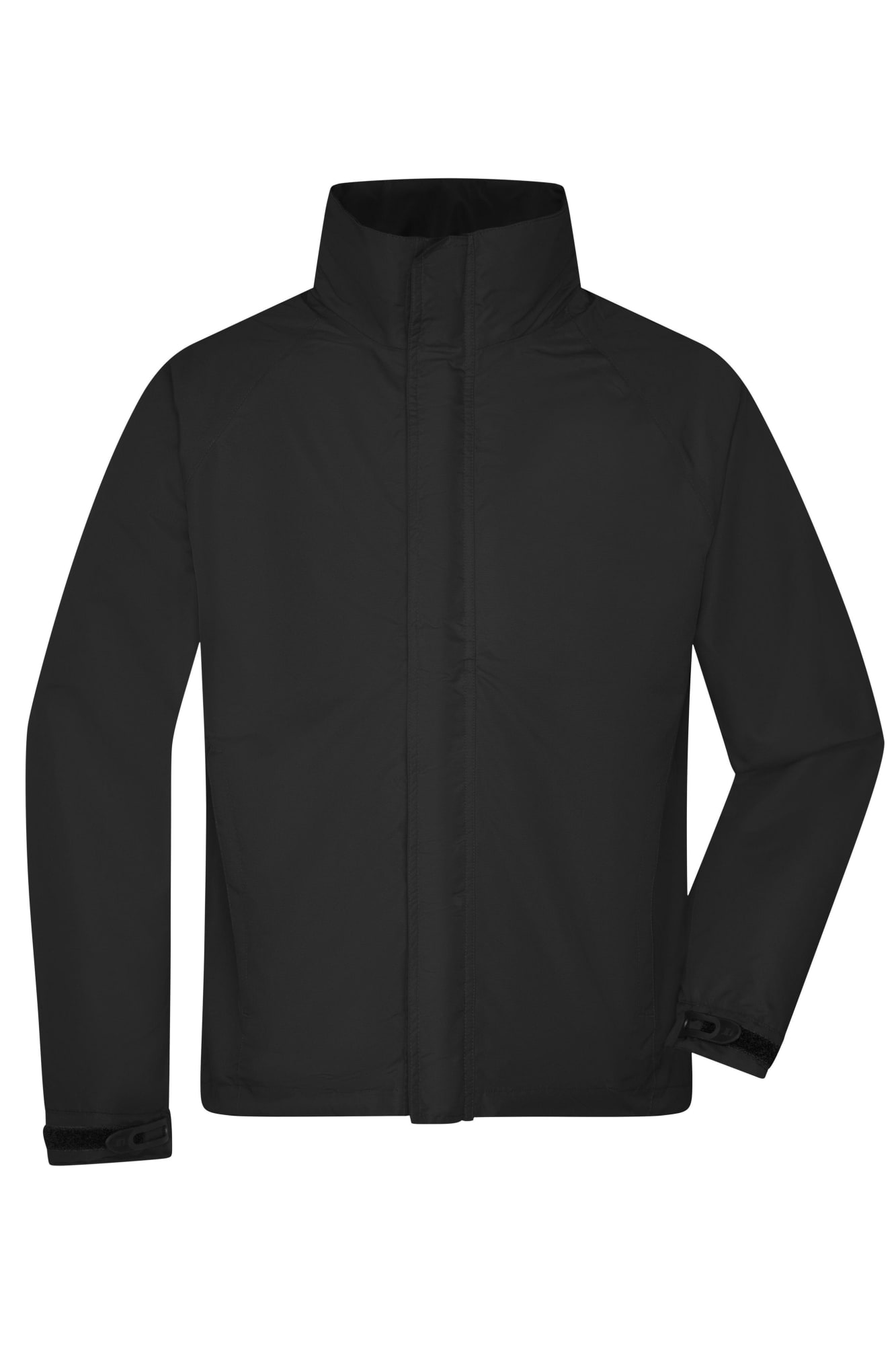 A black outer jacket with a high collar and a front zipper, featuring a logo on the sleeve. Mens Outer Jacket - Image 1