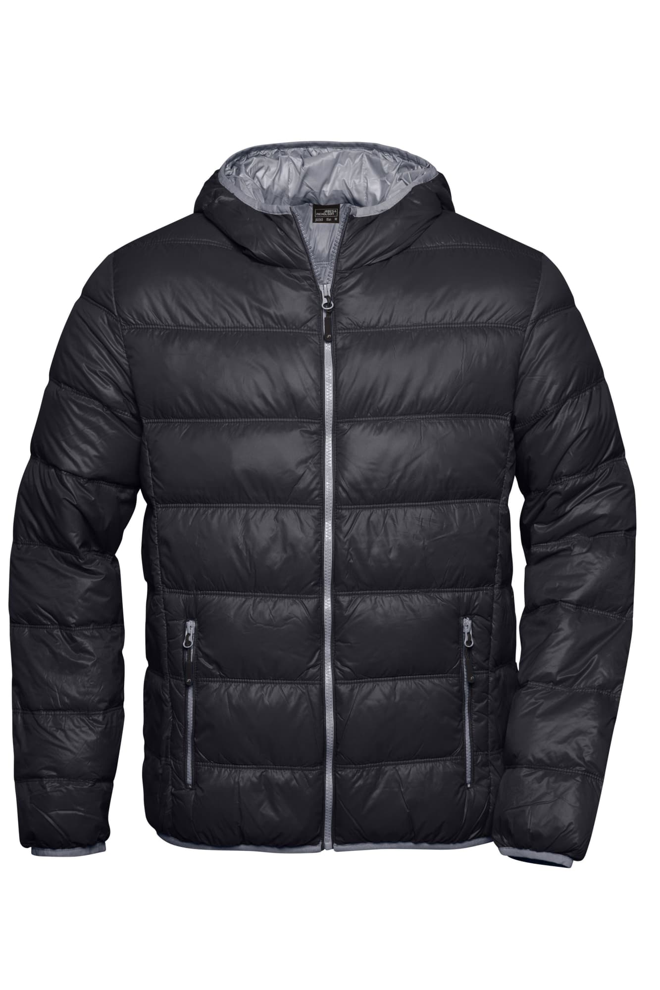 A black puffer jacket with a hood, featuring a zip front and side pockets. The interior is grey and it has a logo. Mens Down Jacket - Image 1