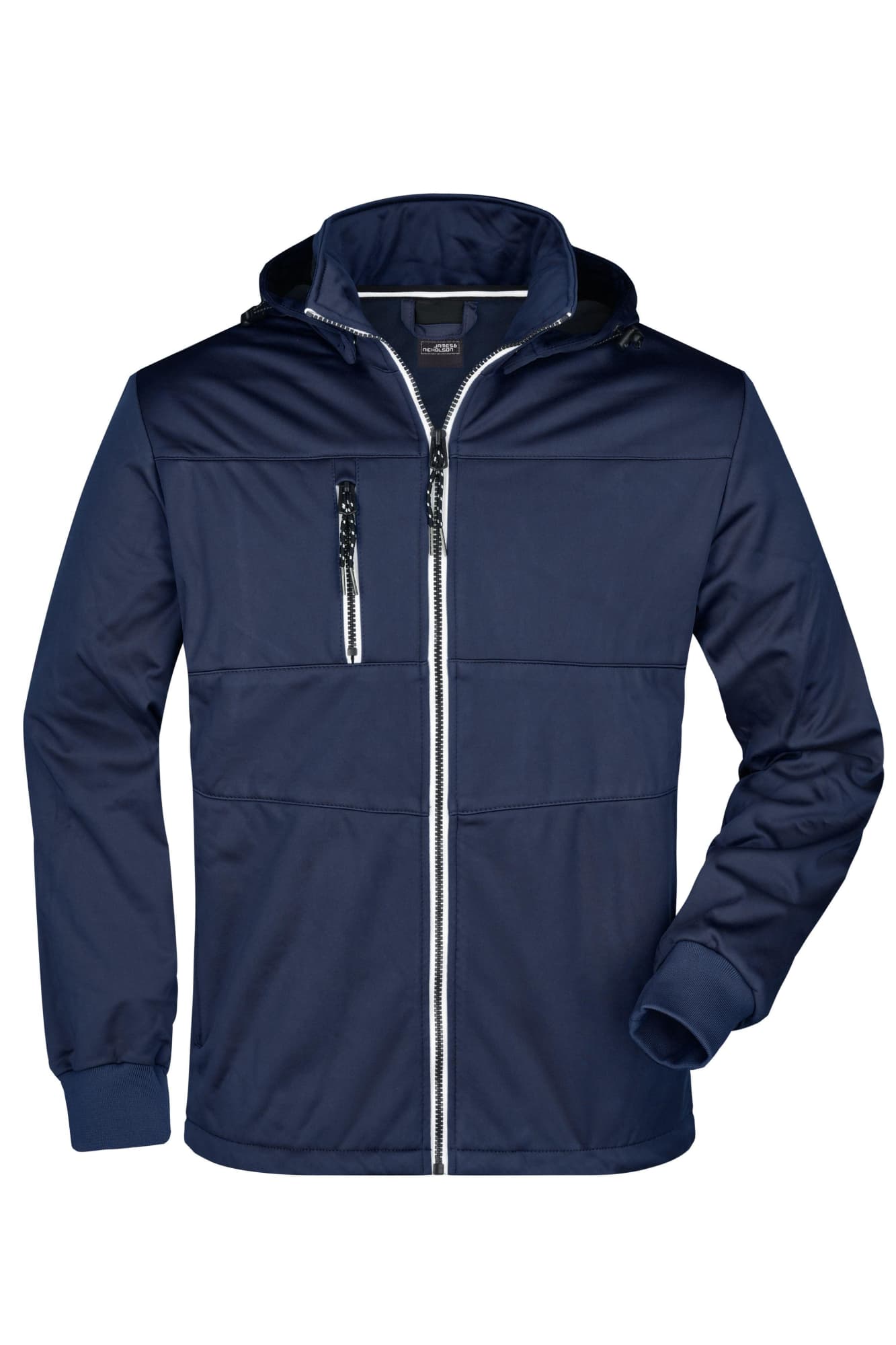 A navy blue men's maritime jacket with a zip front and a hood, featuring a zipped chest pocket and branding. Mens Maritime Jacket - Image 1