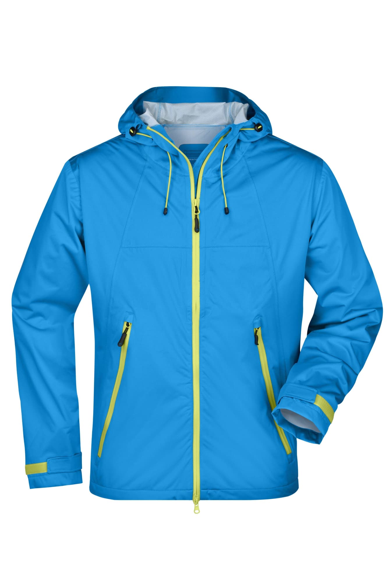 A blue men's outdoor jacket featuring a hood, zippered pockets, and contrasting yellow details. It has a sleek design and logo. Mens Outdoor Jacket - Image 1