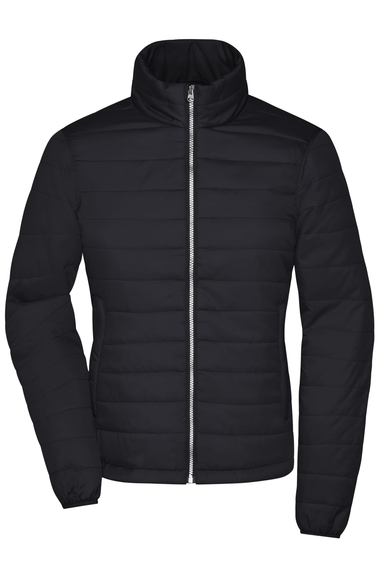 A black padded jacket with a zip front and high collar, featuring a quilted design and a logo. Ladies Padded Jacket - Image 1