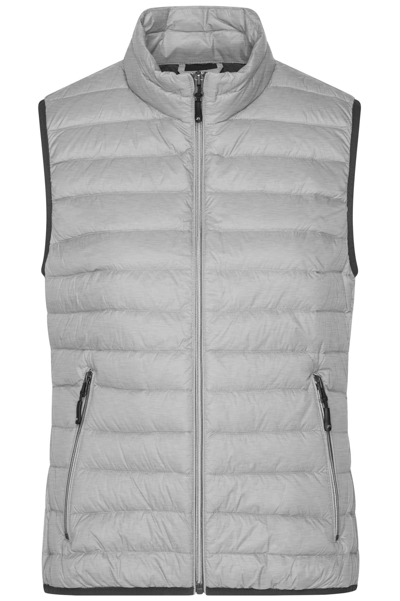 A light grey ladies down vest with a stand collar, zip closure, and zippered side pockets, featuring a logo. Ladies Down Vest - Image 1