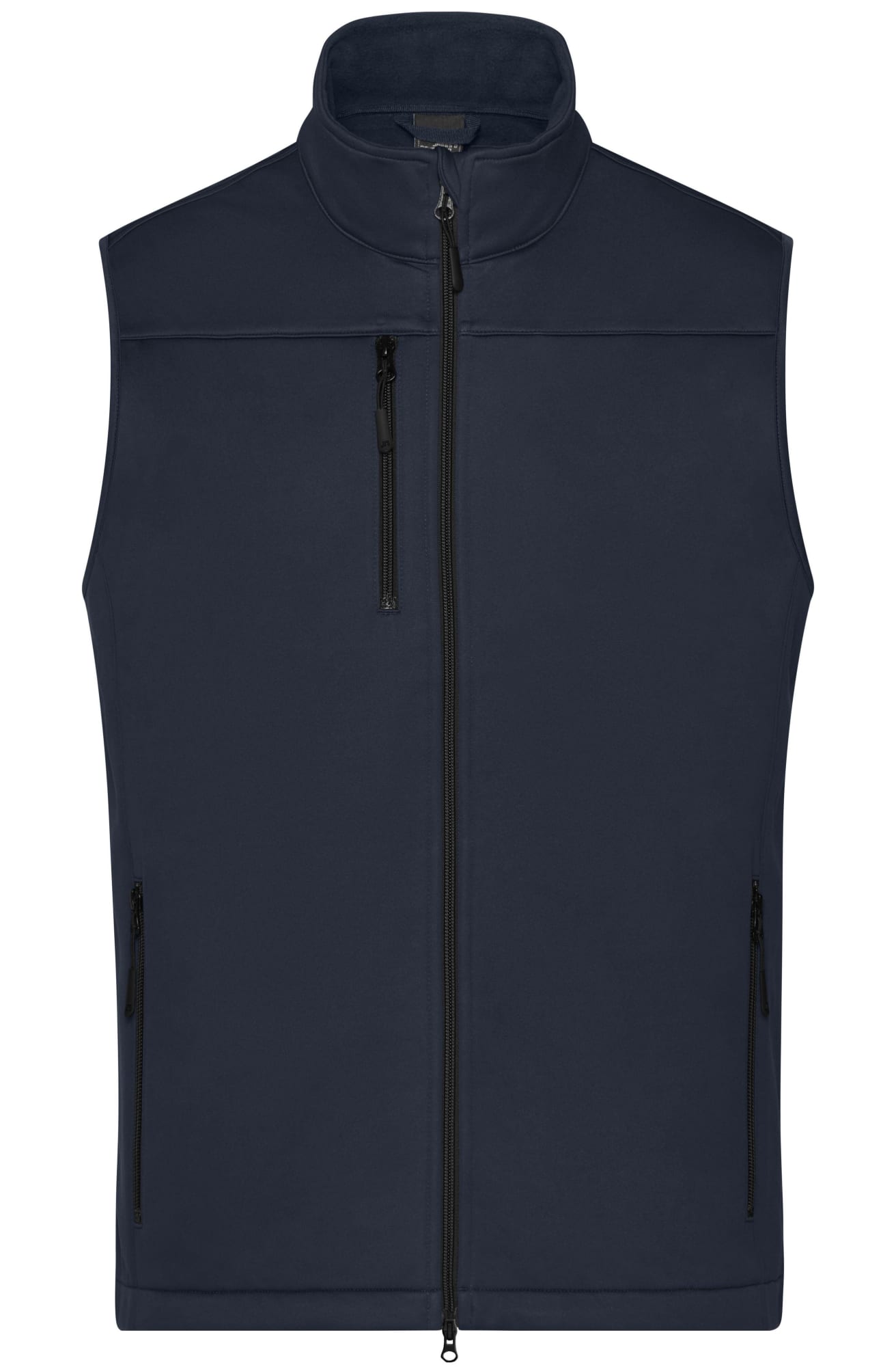 A navy men's softshell vest featuring a high collar and zippered pockets, with a subtle logo displayed. Mens Softshell Vest - Image 1