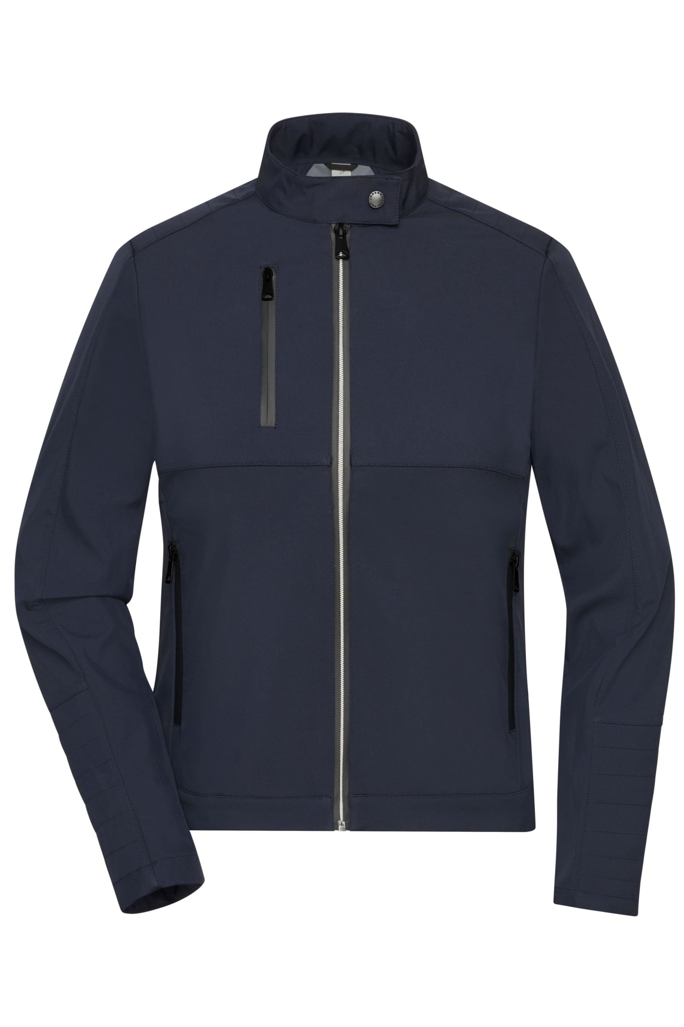 A navy blue ladies softshell jacket with front zip and multiple pockets, featuring a logo on the upper left side. Ladies Softshell Jacket - Image 1