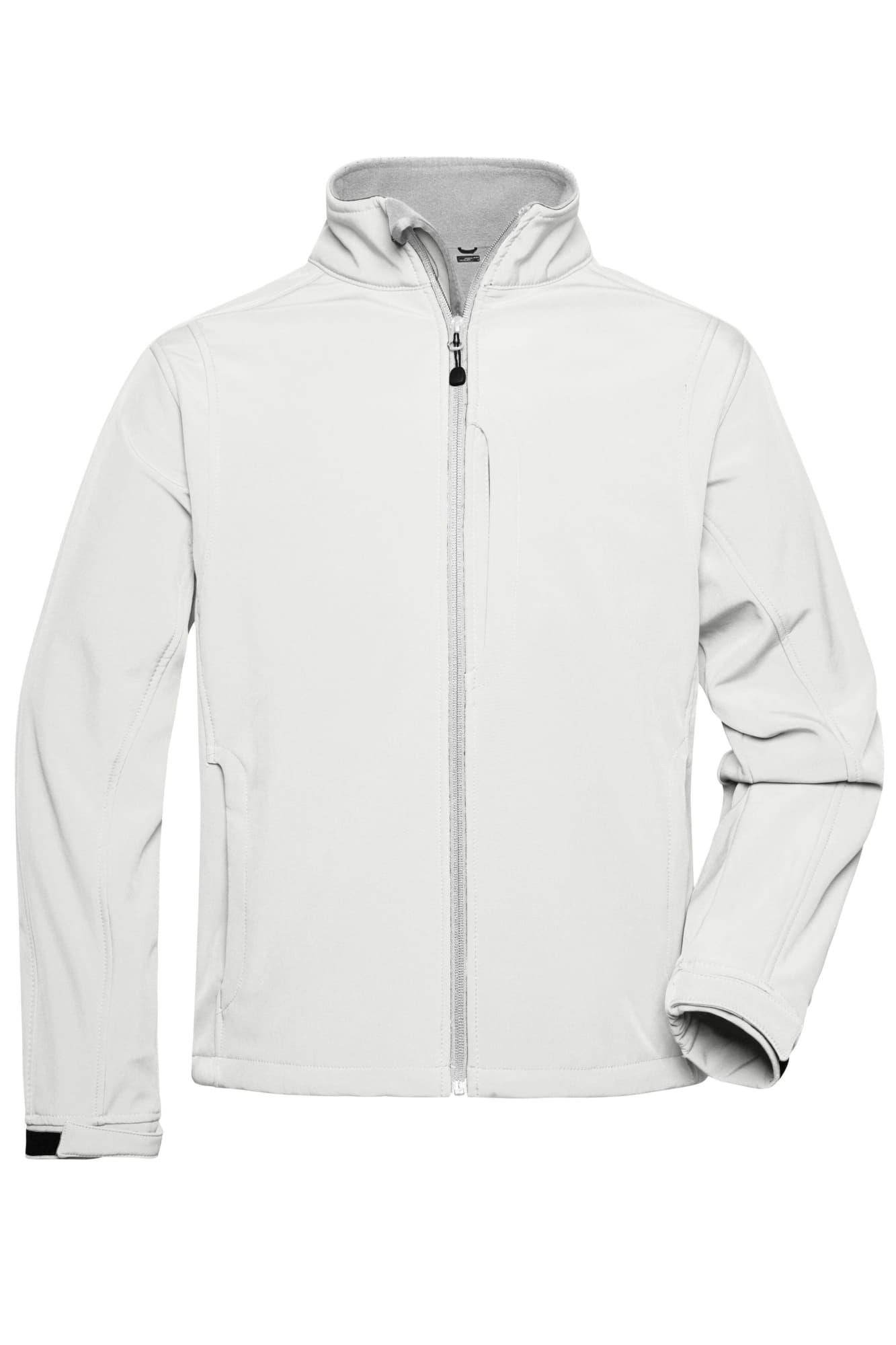 A white softshell jacket with a zip front and a high collar. It features pockets and has a logo on it. Mens Softshell Jacket - Image 1