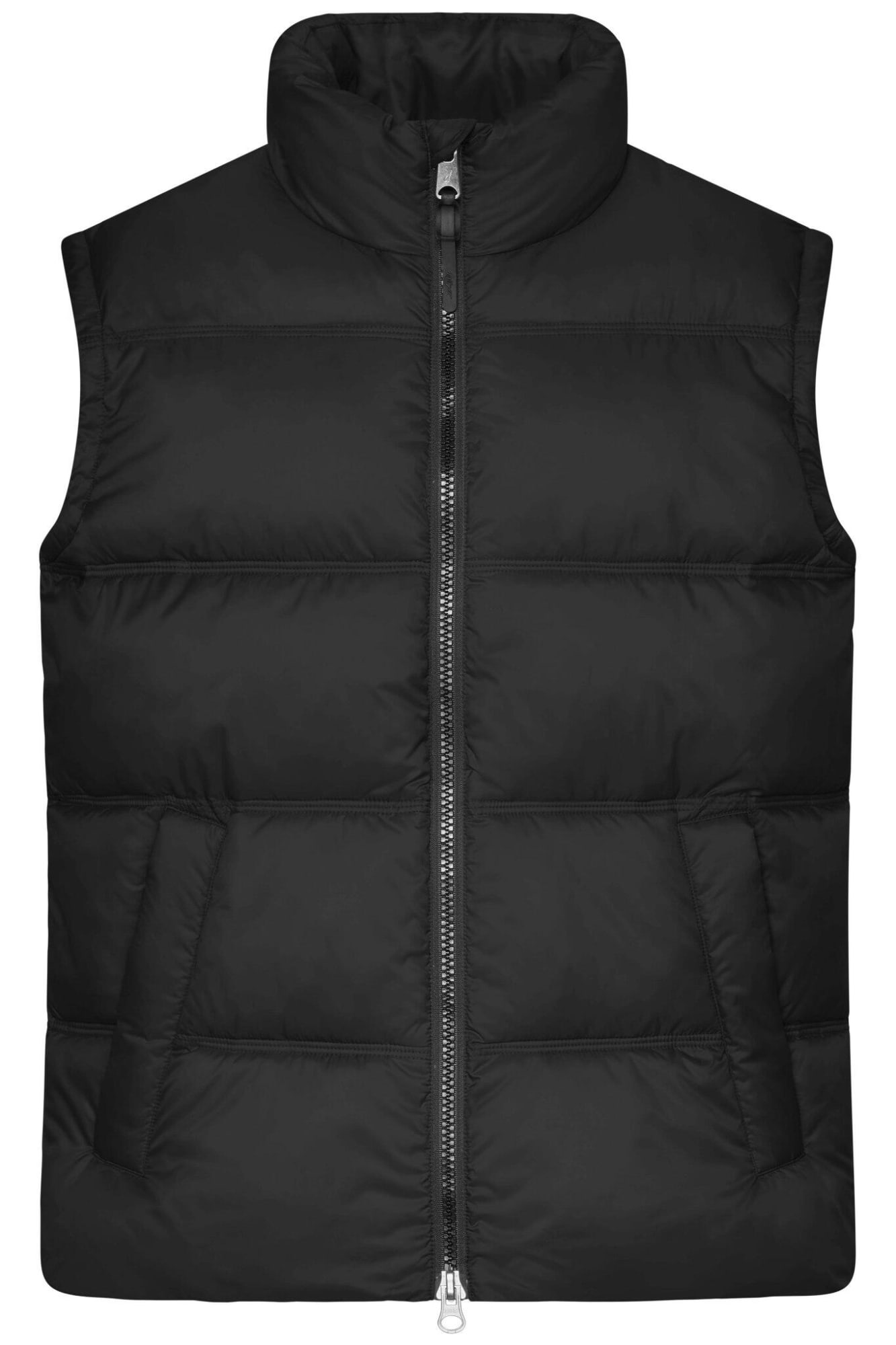 A black puffer vest with a high collar, featuring a front zip and two pockets. It has a logo on the side. Mens Winter Vest - Image 1