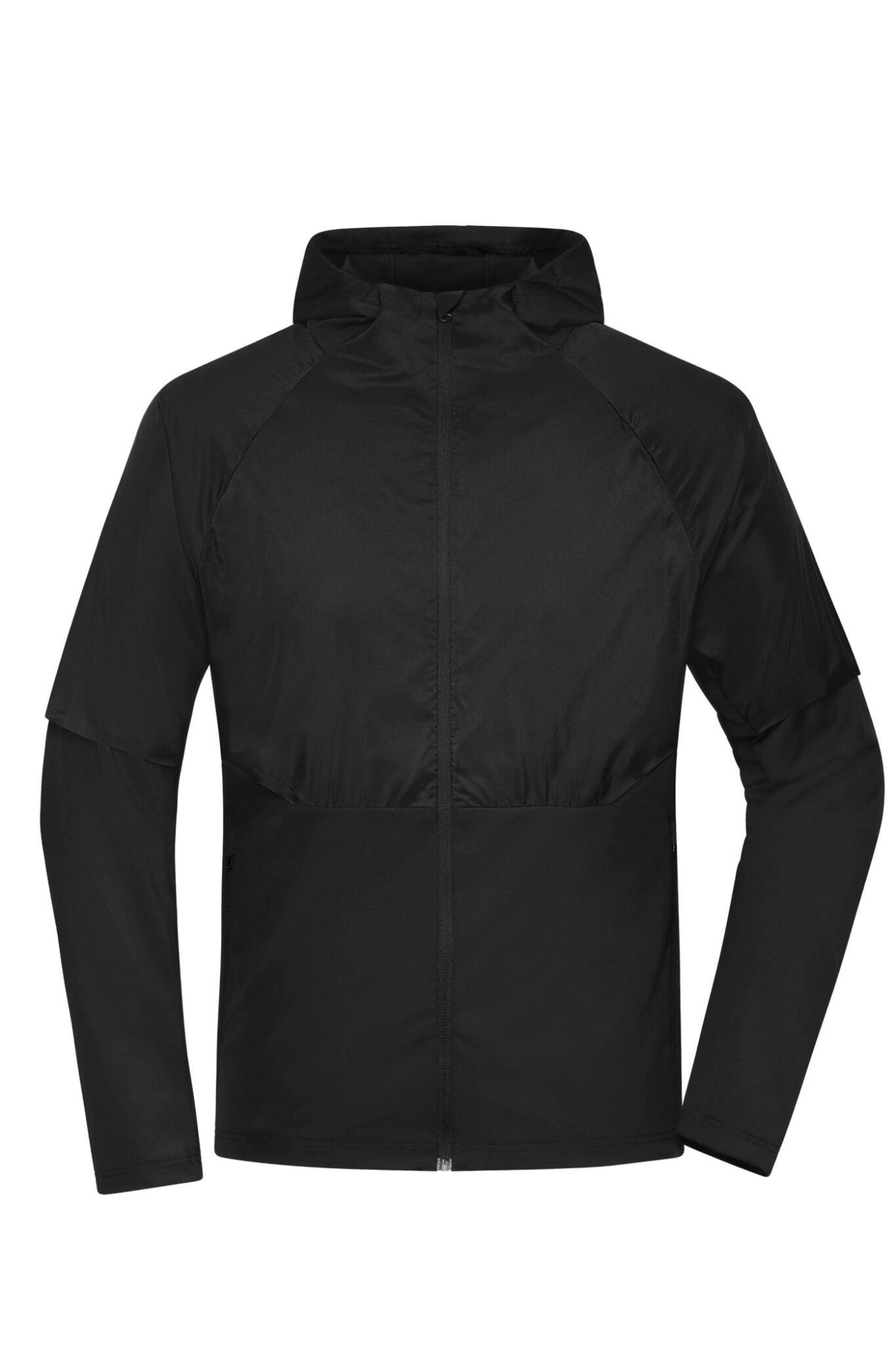 A black men's running jacket with a zip front, hood, and raglan sleeves. It features a logo on the chest. Mens Running Jacket - Image 1