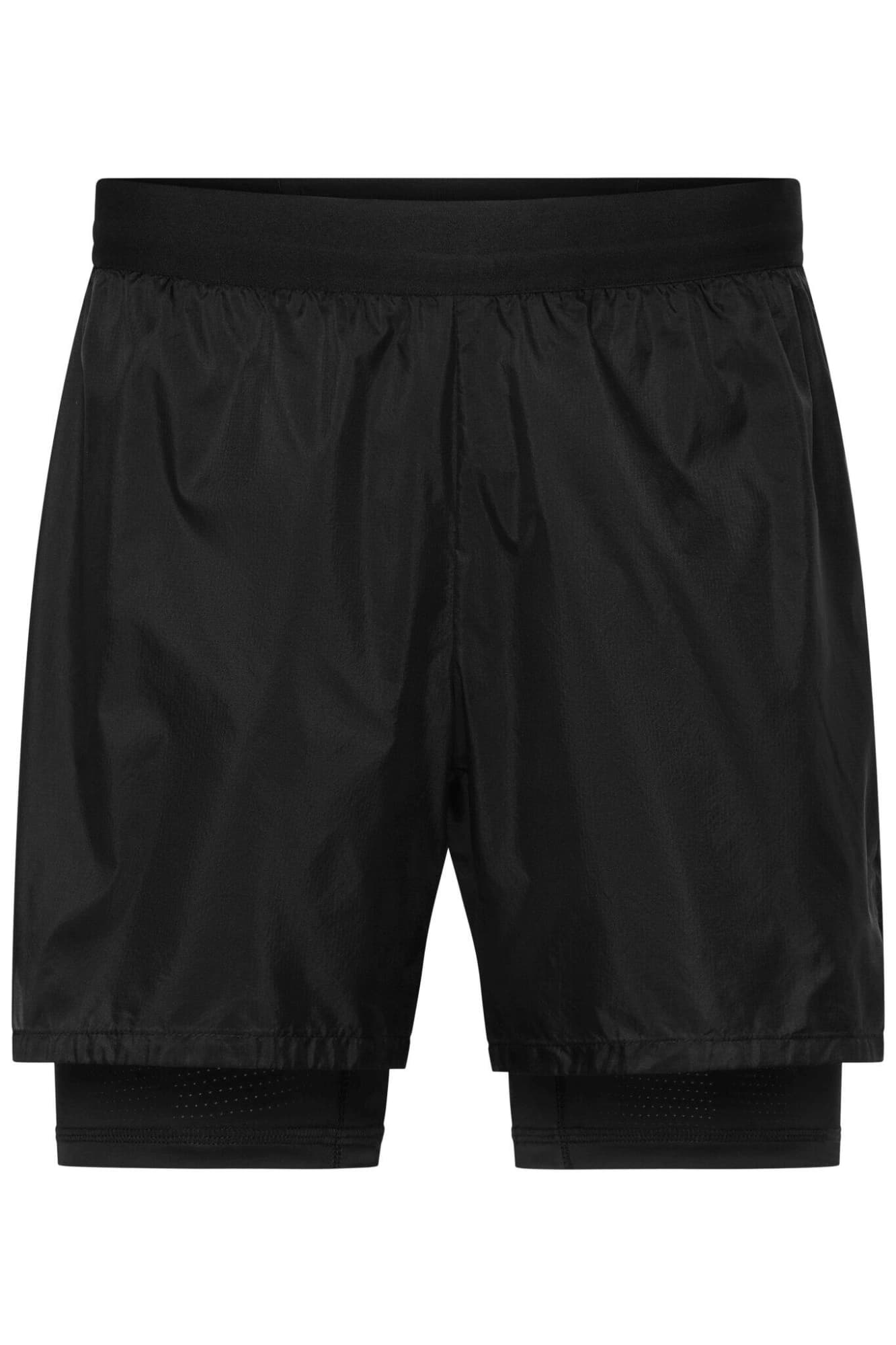 Black men's running shorts featuring an inner layer and an elastic waistband. Includes a branding logo. Mens Running Shorts - Image 1