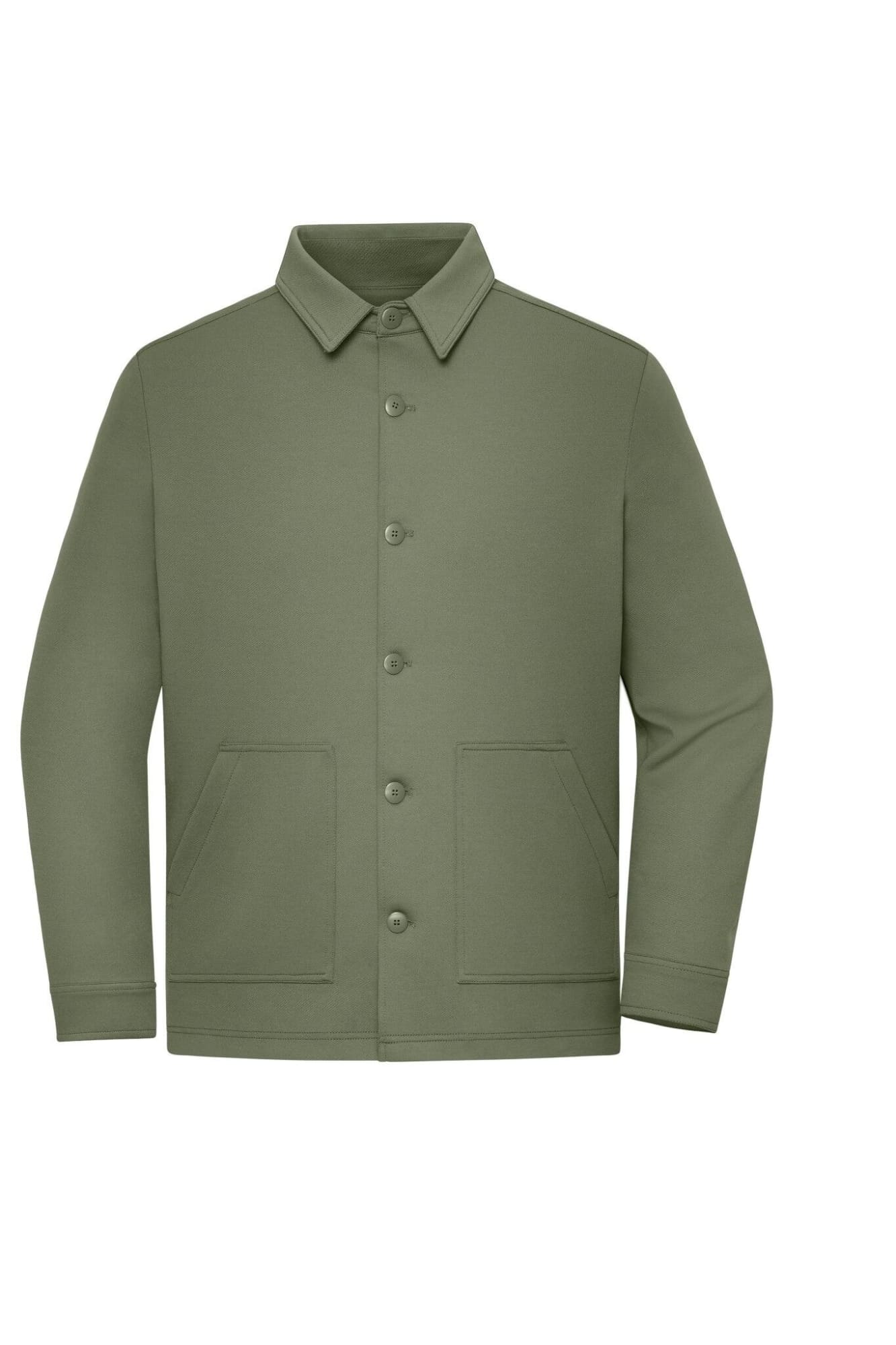 A unisex shirt jacket in olive green with a button front and two side pockets. Features a logo on the chest. Shirt Jacket Unisex - Image 1