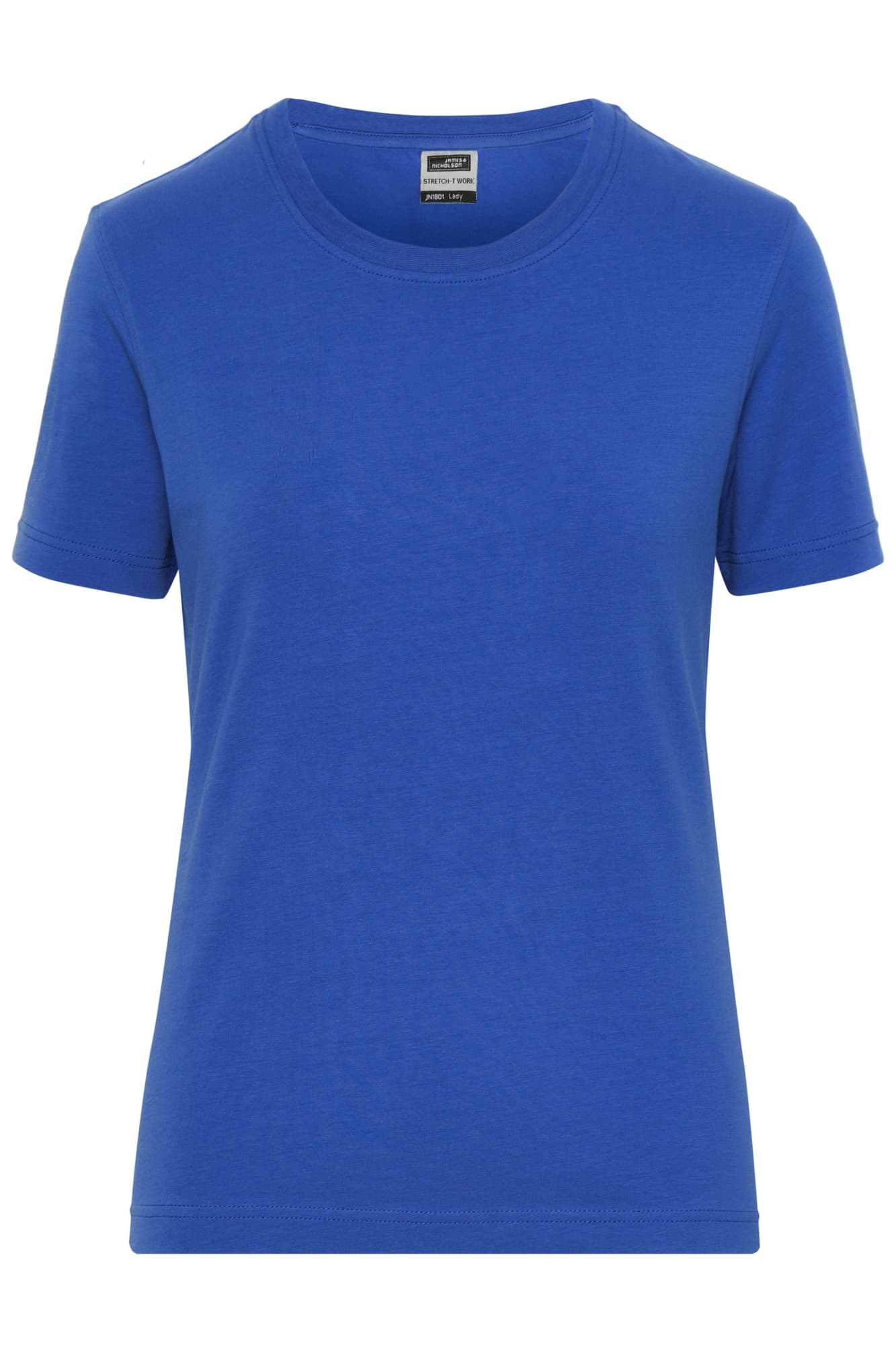 A blue ladies' t-shirt with a round neckline and short sleeves. It features a logo on the label. Ladies BIO Stretch-T - Image 1
