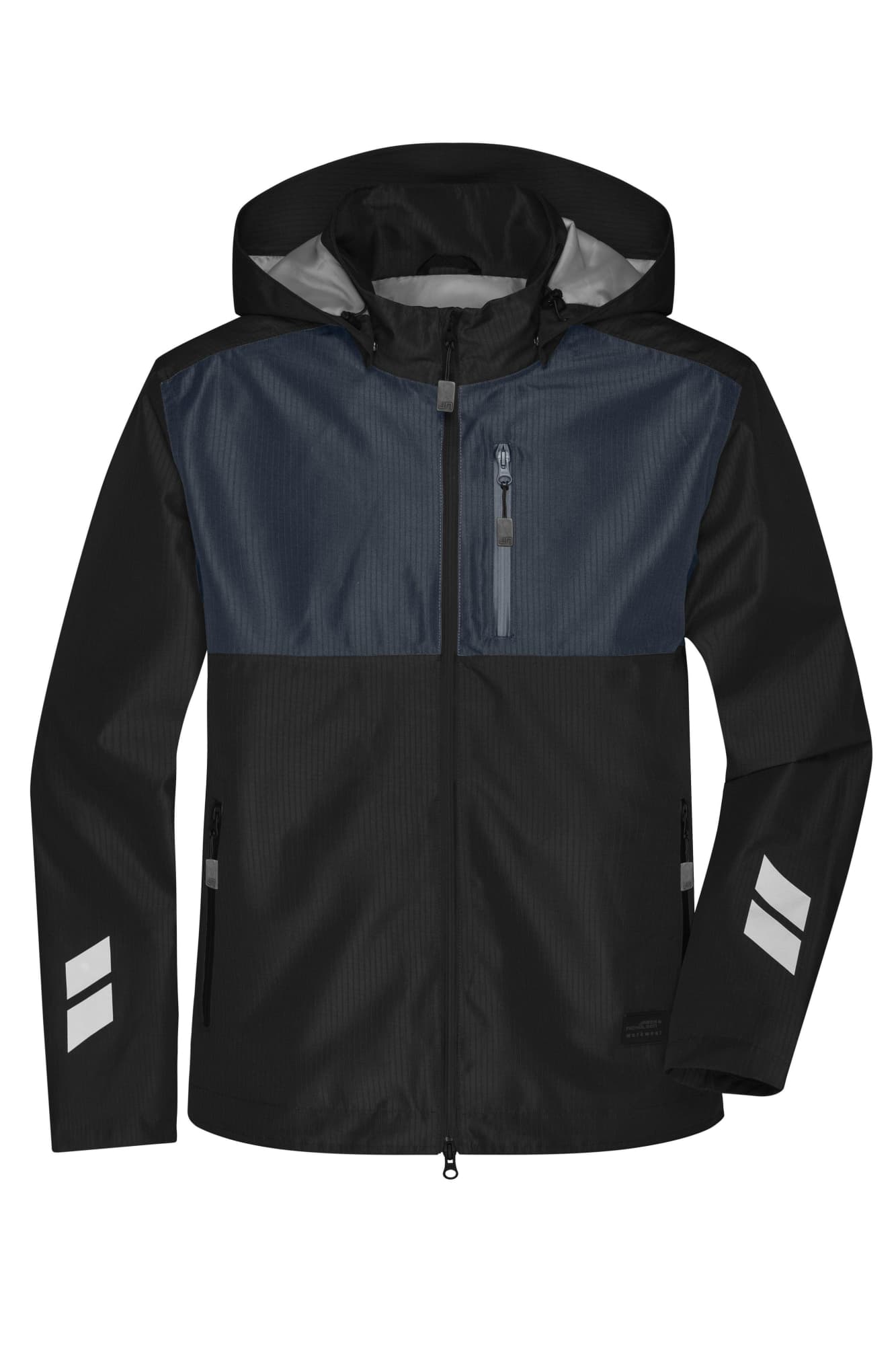 A black and navy Hardshell Workwear Jacket with a hood and reflective accents, featuring a zippered pocket on the chest. Hardshell Workwear Jacket - Image 1