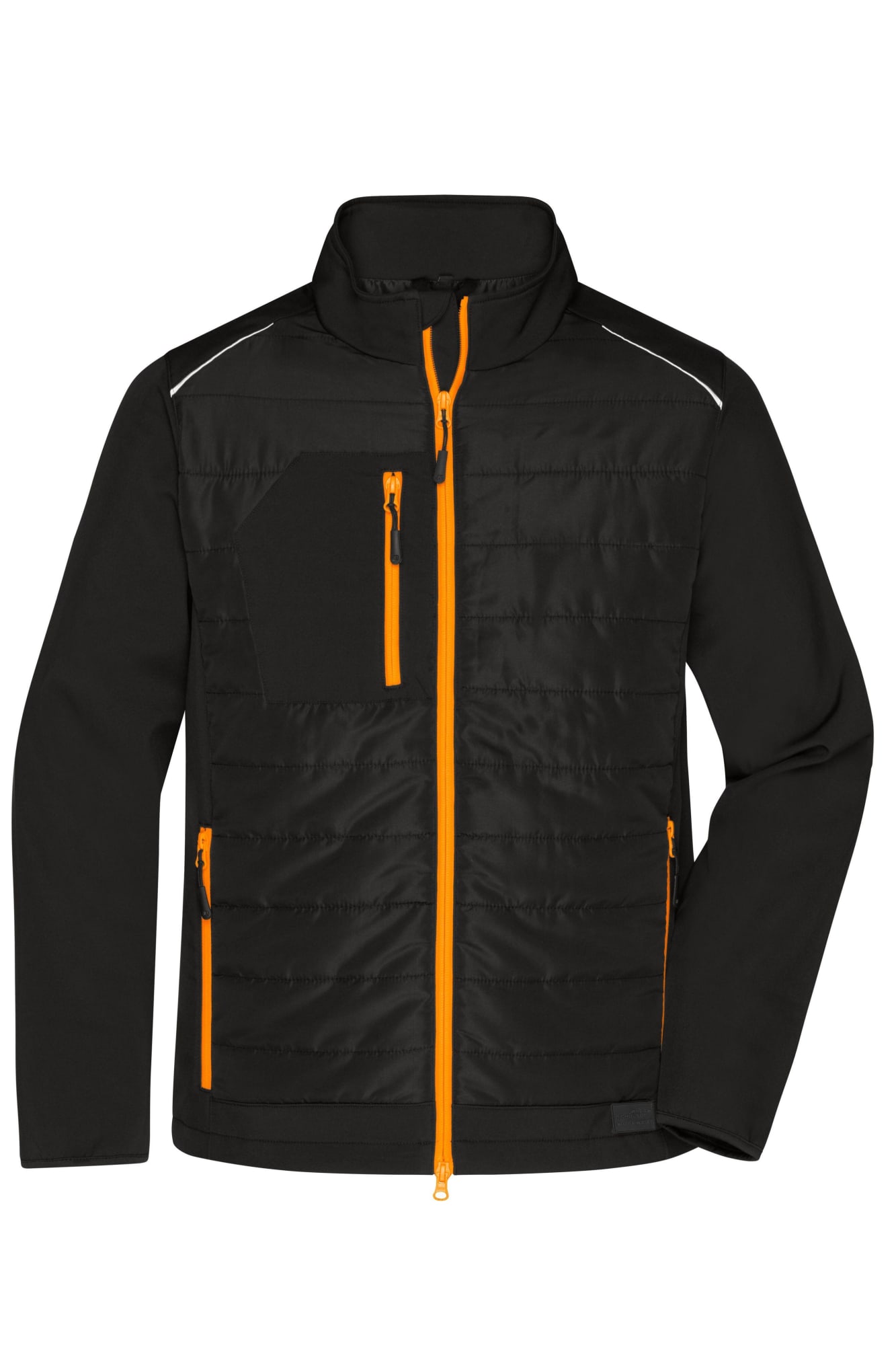 A men's soft shell hybrid jacket in black with bright orange zip accents and logos. Mens Hybrid Jacket - Image 1