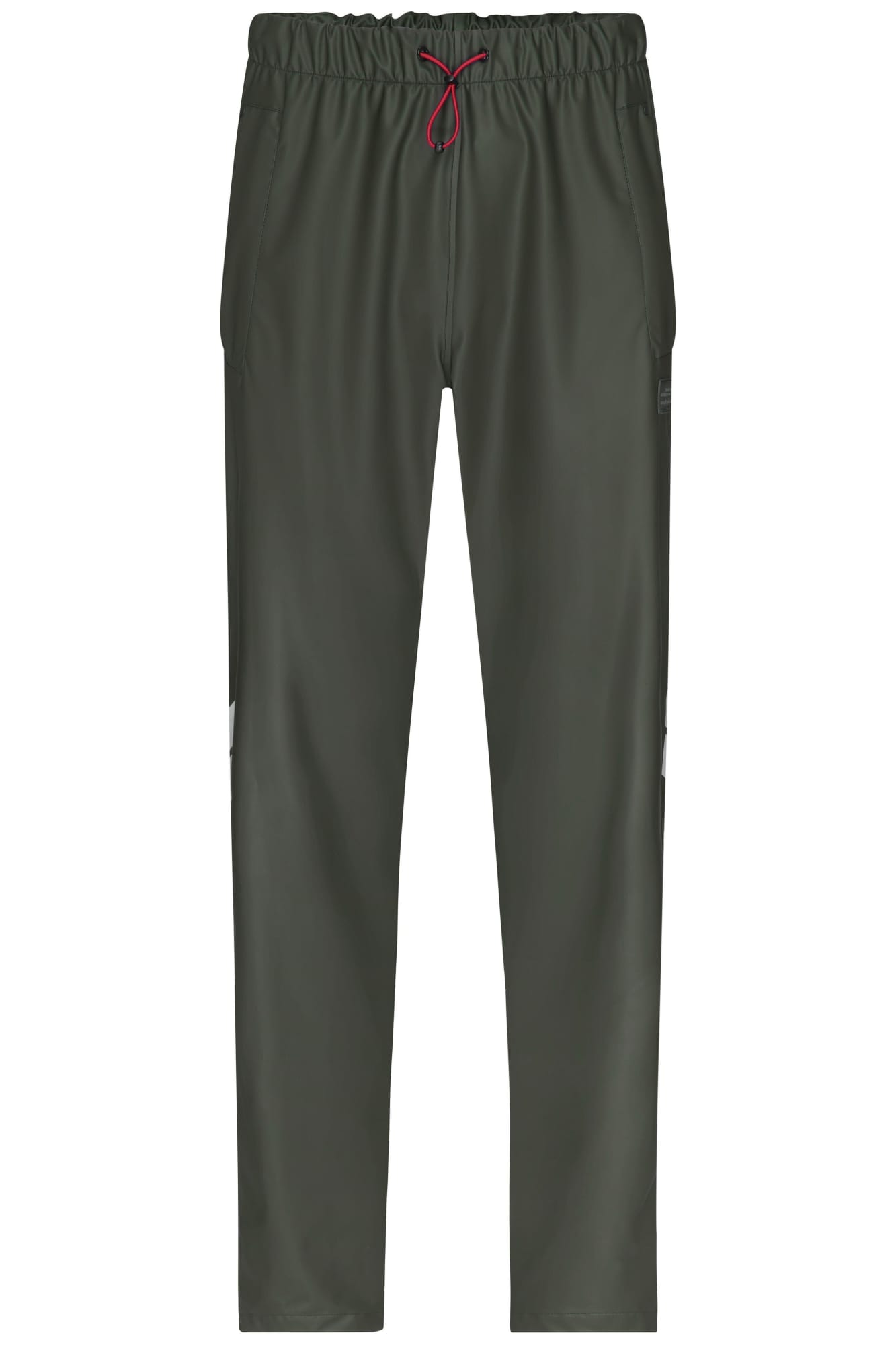 Worker Rain-Pants in dark green with an elastic waistband and drawstring, featuring side pockets and branding. Worker Rain-Pants - Image 1