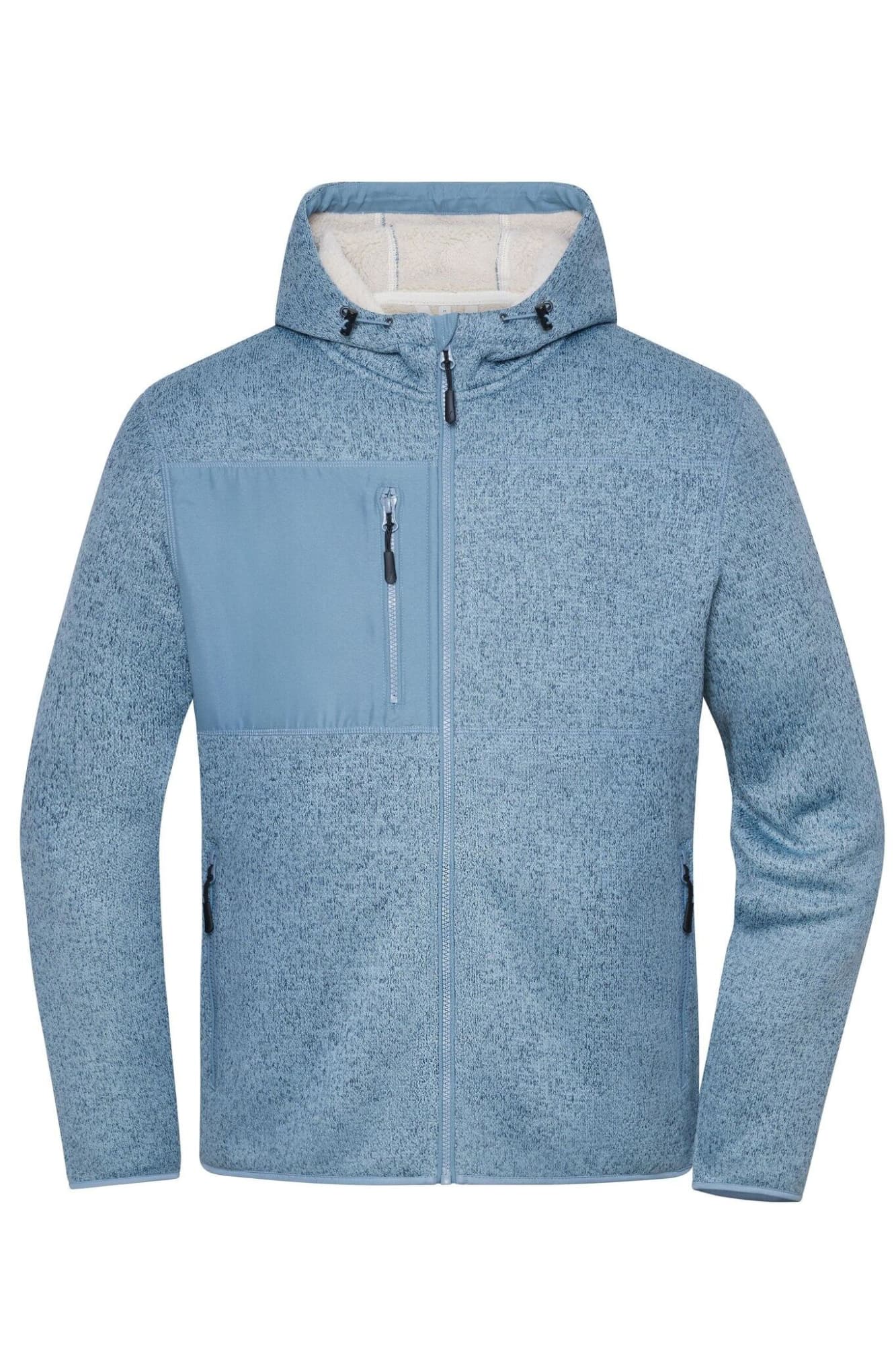 A soft shell jacket in light blue with a zippered chest pocket and a hood. Features a textured design and has a logo. Workwear Knitted Fleece Jacket - Image 1