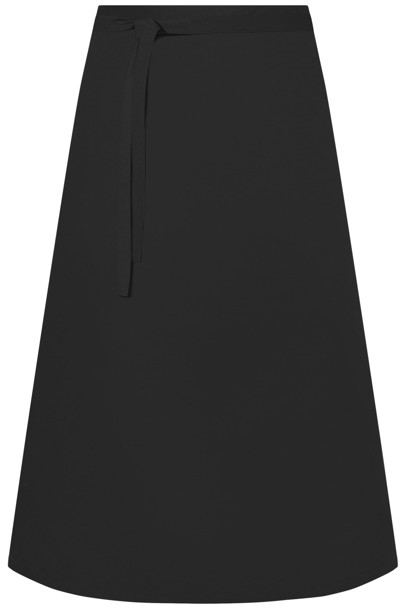 A black long apron featuring a tie waist and a simple, sleek design. It has a branding logo. Apron Long - Image 1