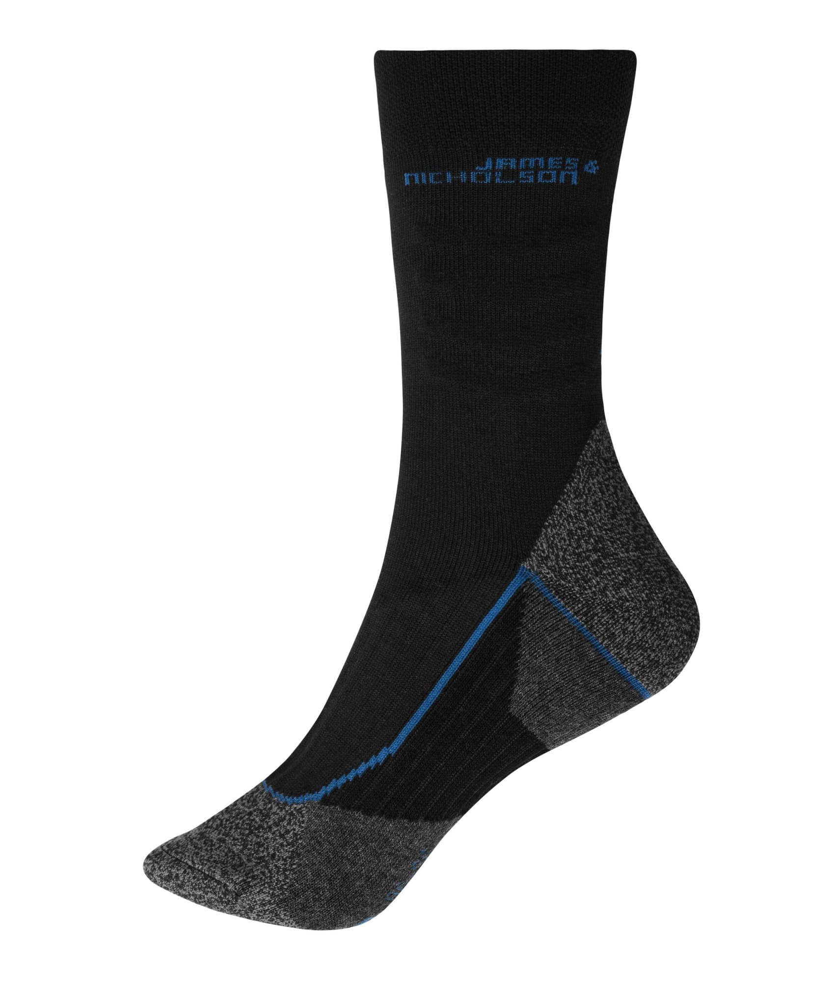 A pair of black and grey work socks with blue detailing and a logo. Suitable for various work environments. Worker Socks Cool - Image 1