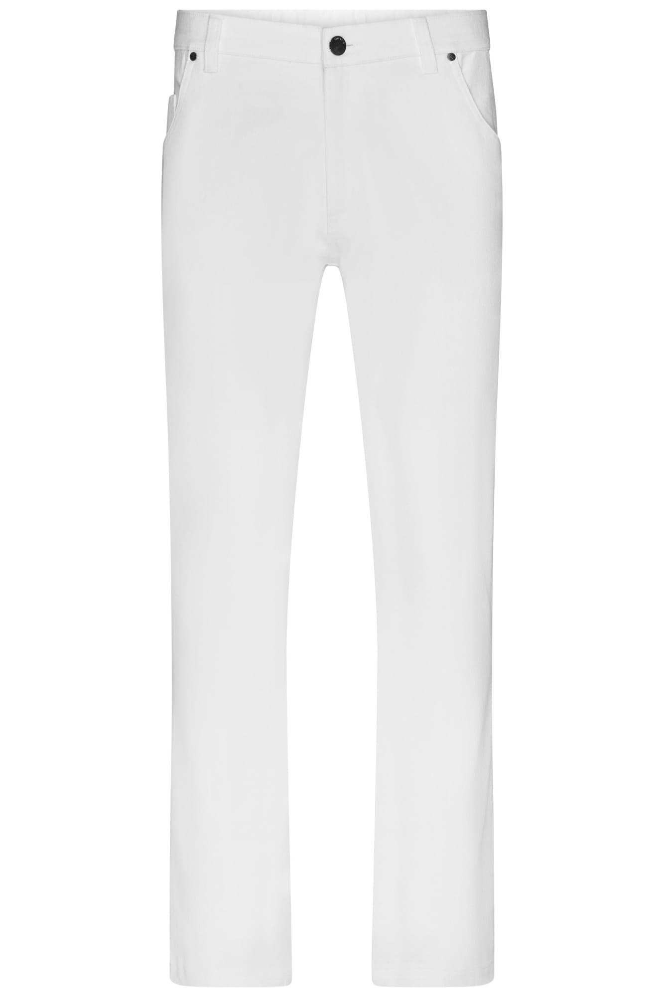A pair of white men's stretch pants with five pockets and a logo on the waistband. Mens 5 Pocket Stretch Pants - Image 1
