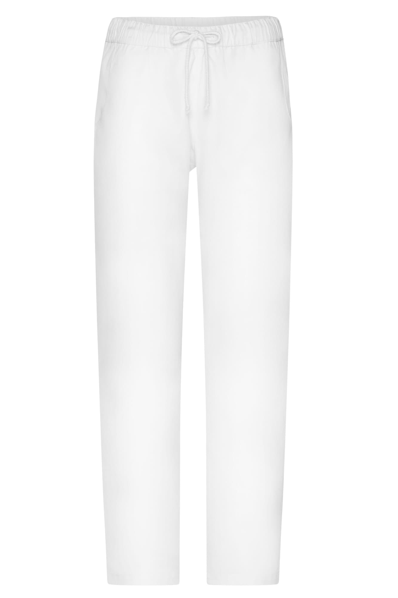 White comfort pants with a drawstring waistband, featured with a logo. Suitable for casual wear. Mens Comfort Pants - Image 1