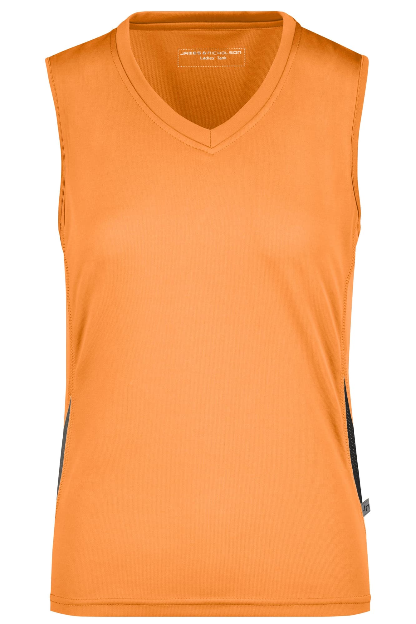 An orange sleeveless running tank with a V-neckline, featuring a logo on the side. Ladies Running Tank - Image 1