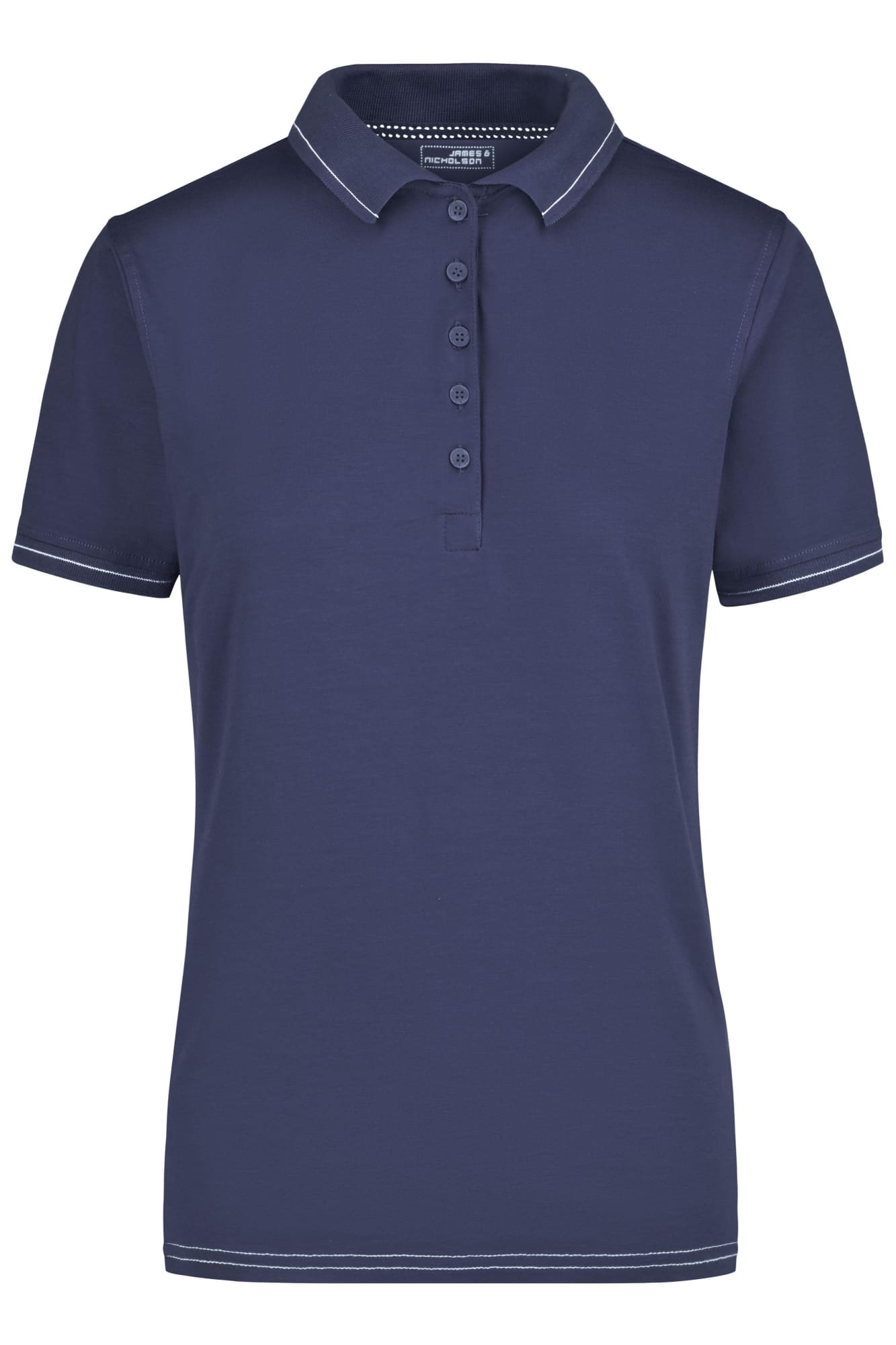 A navy blue ladies' polo shirt featuring a buttoned collar and contrasting trim, with a branding logo. Ladies Elastic Polo - Image 1