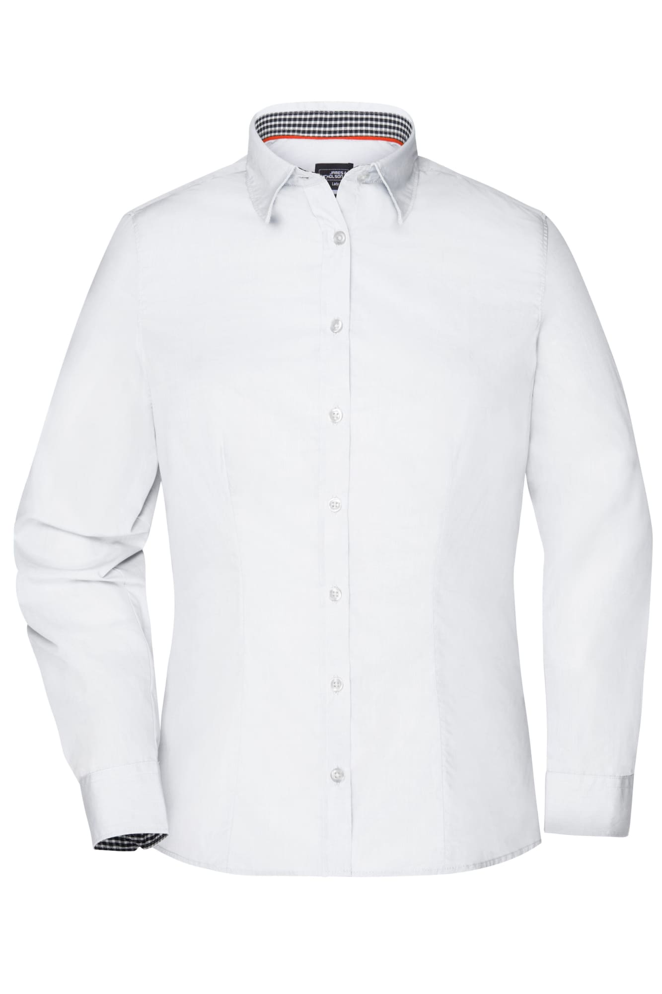 A white button-up shirt with a checked pattern inside the collar and cuffs. It features long sleeves and a logo. Ladies Plain Shirt - Image 1