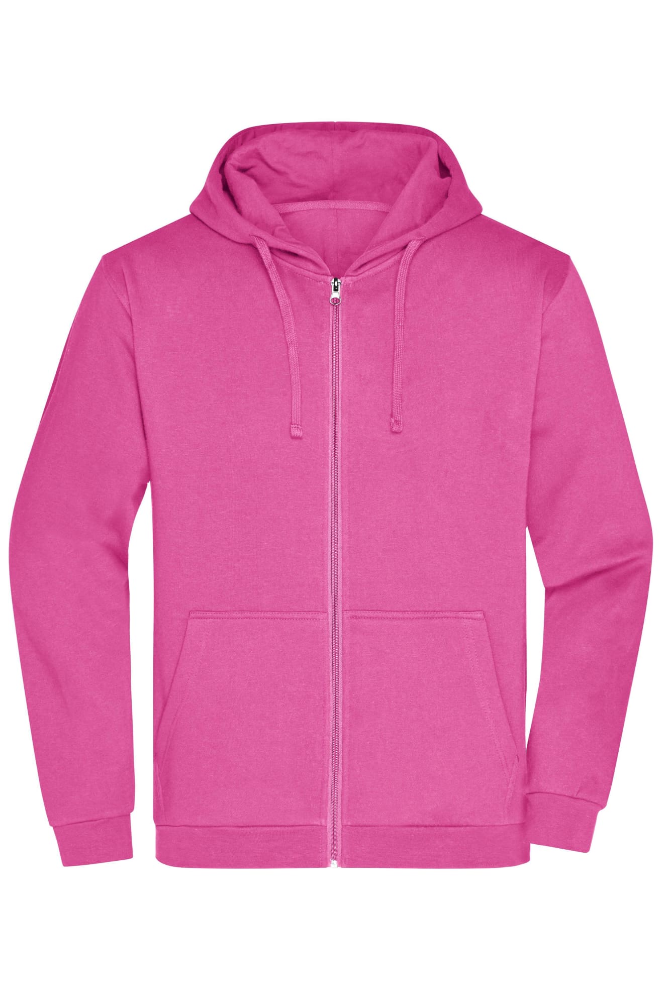 A pink zip hoodie featuring a front zip closure, drawstrings, and a front pocket. Includes a logo on the front. Mens Promo Zip Hoodie - Image 1