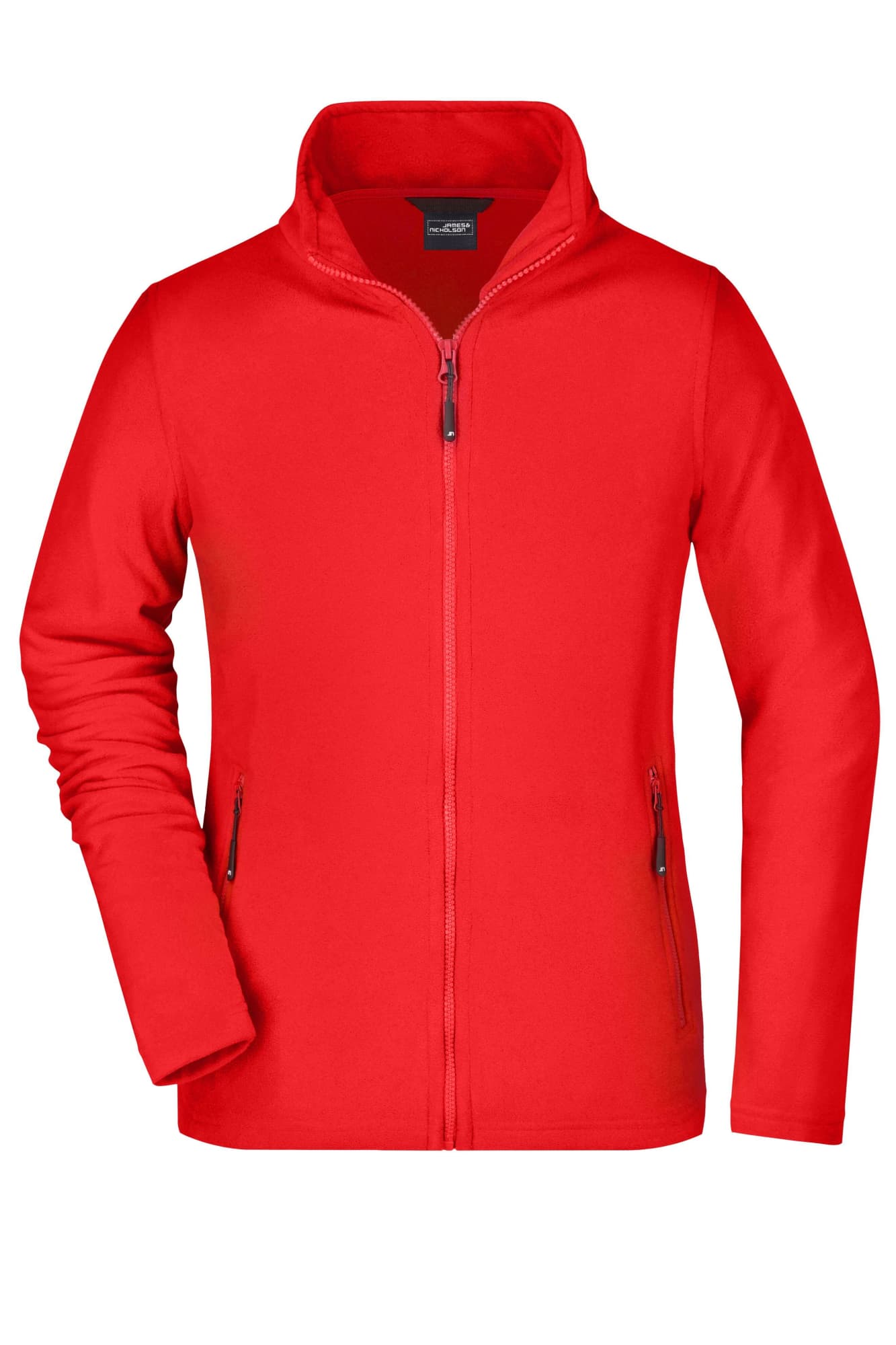 A red polar fleece jacket featuring a full zip and side pockets, with a logo displayed on the front. Ladies Basic Fleece Jacket - Image 1