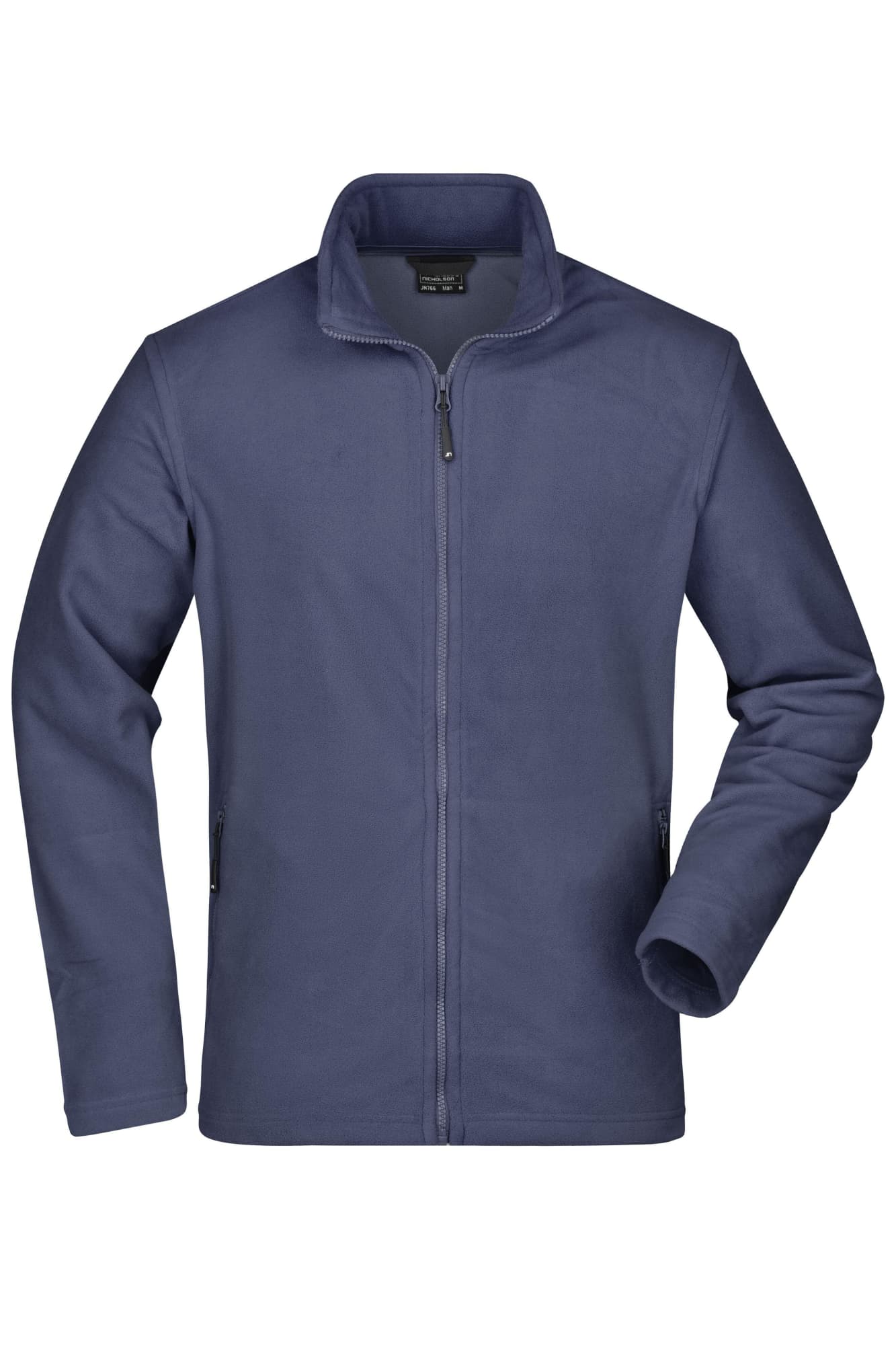A navy fleece jacket featuring a zip and long sleeves, with side pockets and a collar, includes a logo. Mens Basic Fleece Jacket - Image 1