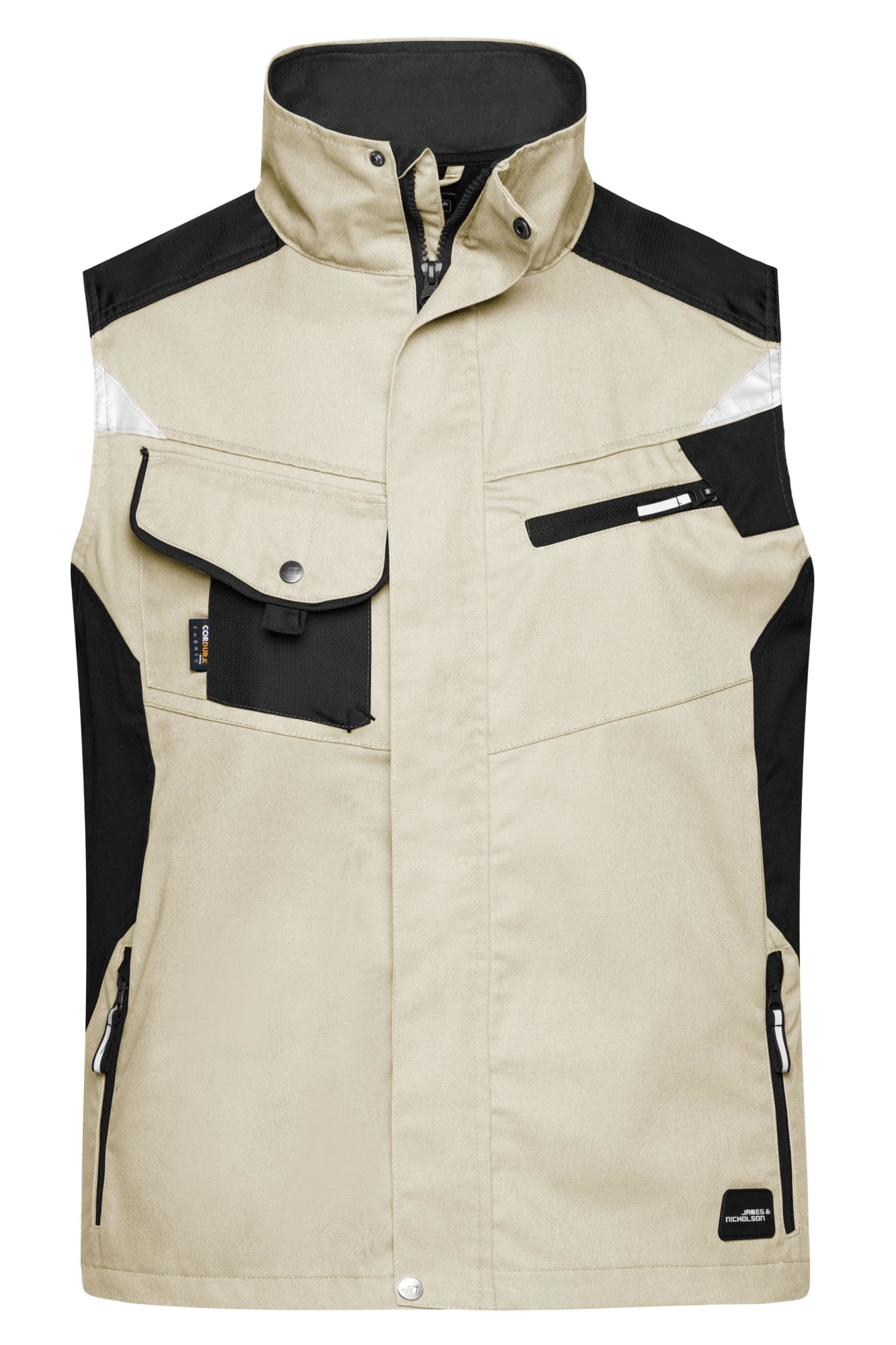 A beige and black work vest featuring multiple pockets and reflective elements, with a logo on it. Workwear Vest - Image 1