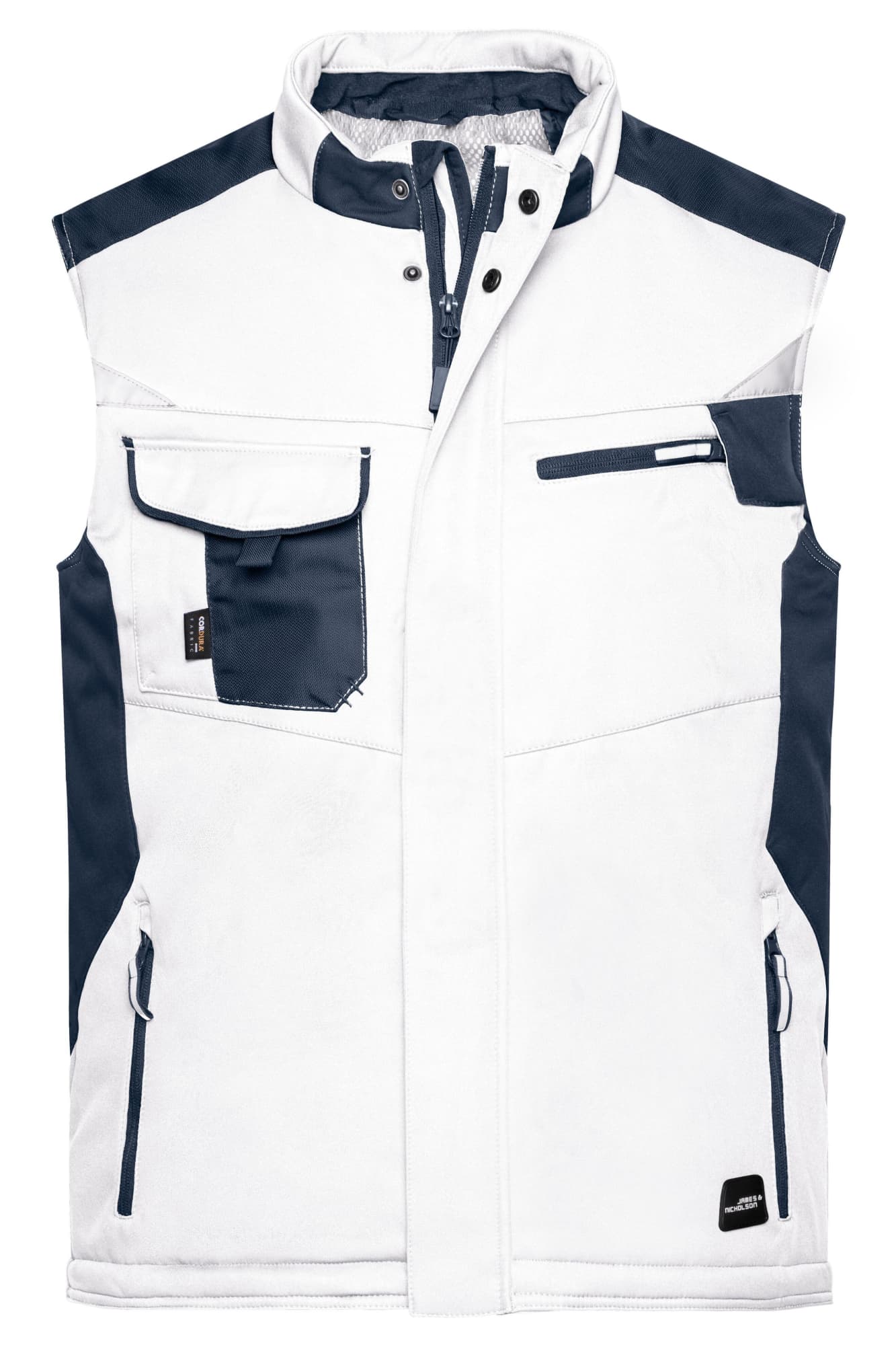 A white and navy softshell vest featuring multiple pockets and a branding logo on the lower right. Craftsmen Softshell Vest - Image 1