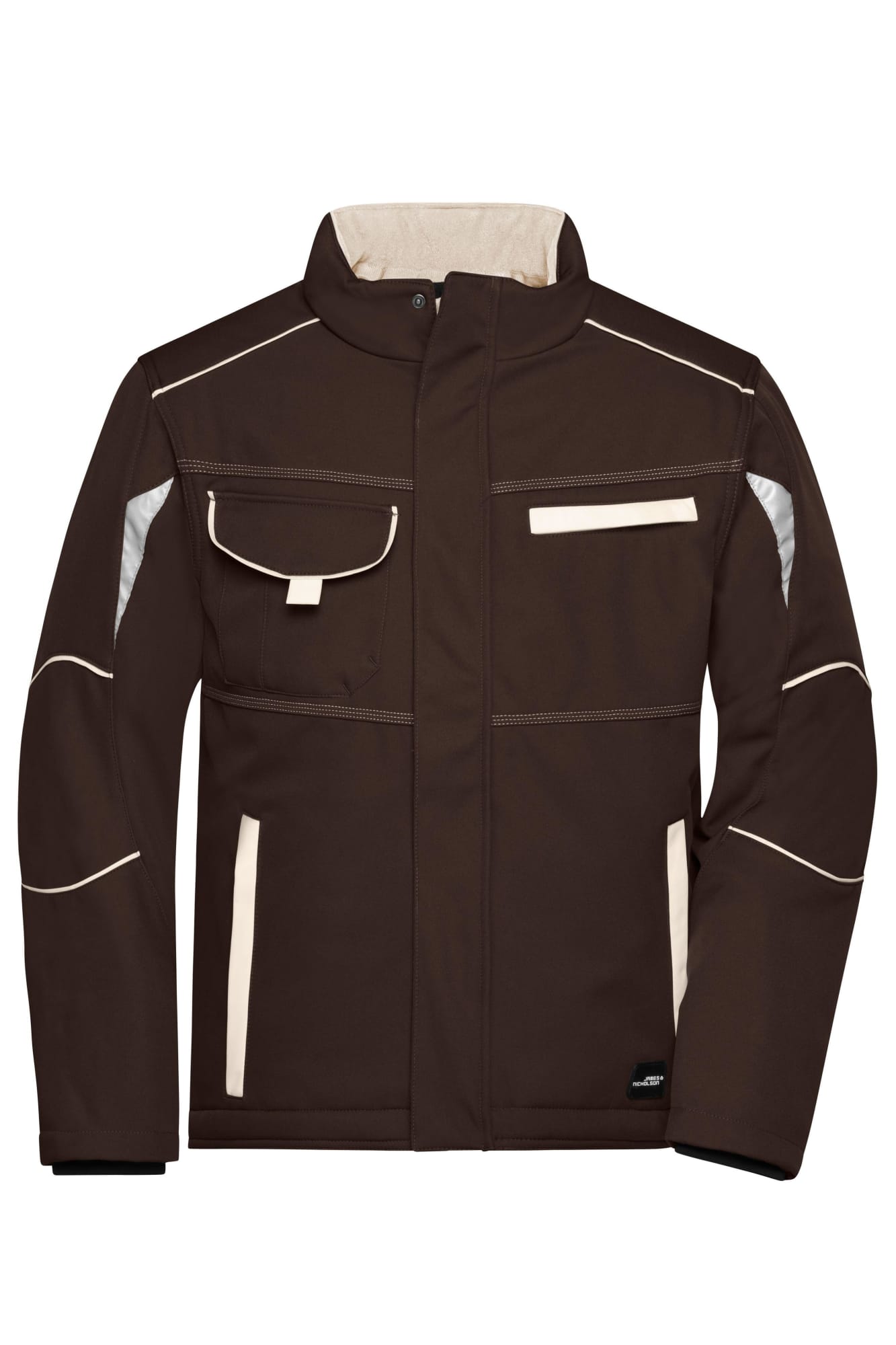 A brown softshell padded jacket with light-coloured accents and multiple pockets. It features a logo on the front. Workwear Softshell Padded Jacket - Image 1