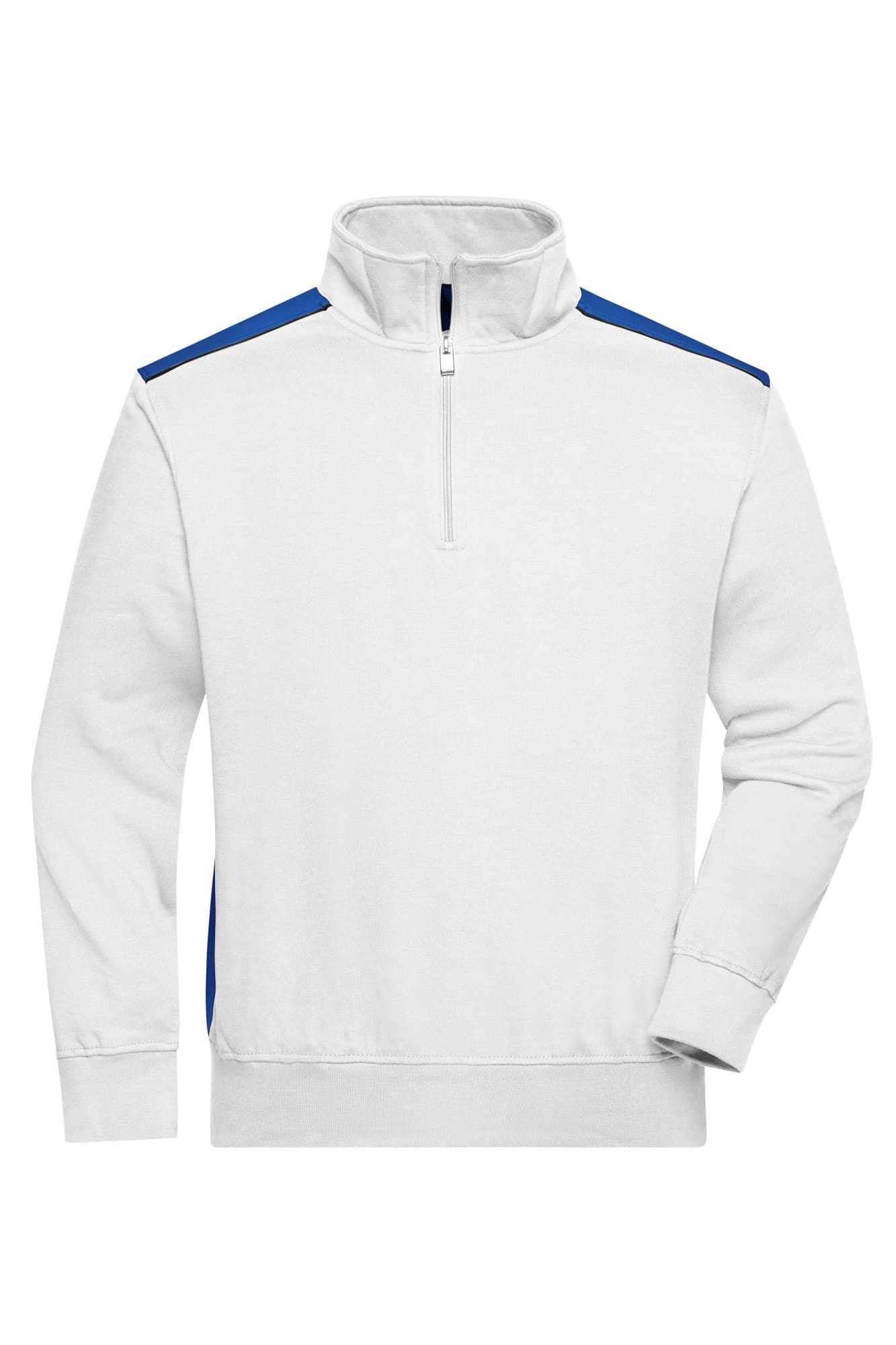 A white half-zip sweatshirt with blue accents on the shoulders, featuring a high collar and long sleeves. Workwear Half-Zip Sweat - Image 1