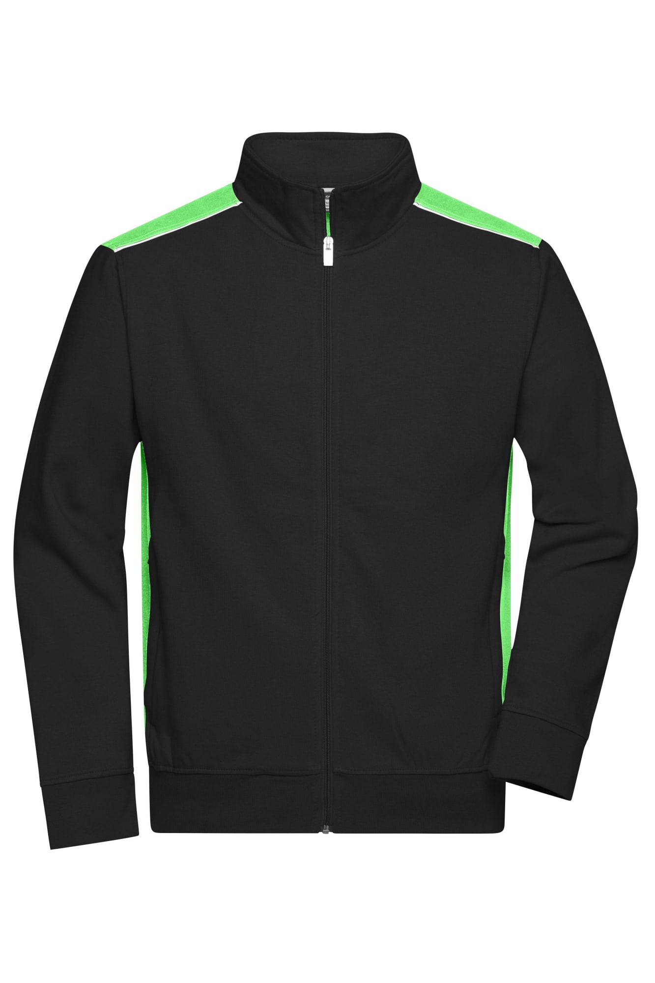 A black men's workwear sweat jacket with neon green accents on the shoulders and a zip front. Mens Workwear Sweat Jacket - Image 1