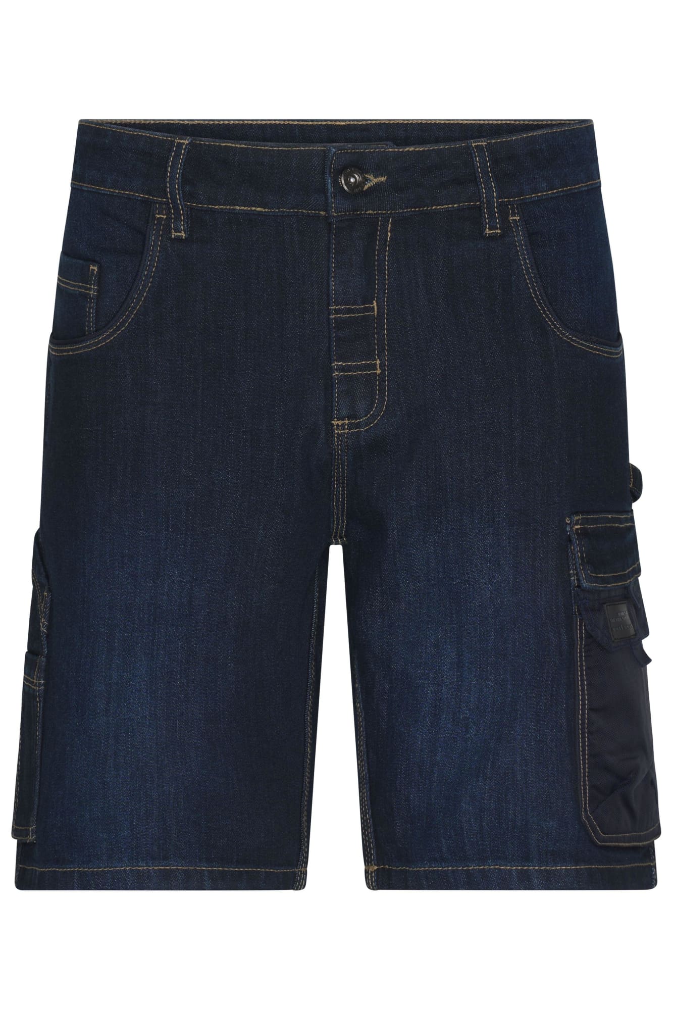 Dark blue stretch Bermuda jeans with multiple pockets and a branded logo. Workwear Stretch Bermuda Jeans - Image 1