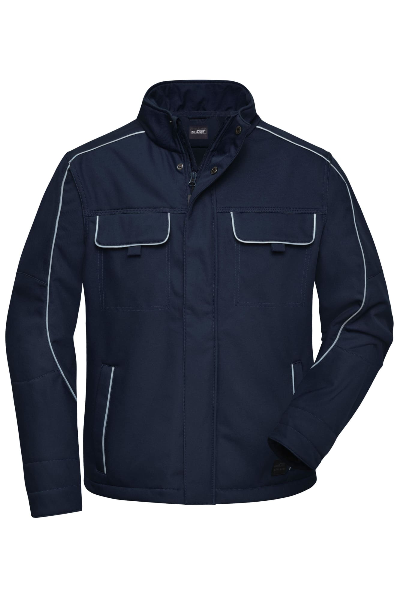 A navy softshell jacket with white piping, featuring front pockets and a collar. It includes a logo on the chest. Workwear Softshell Jacket - Image 1