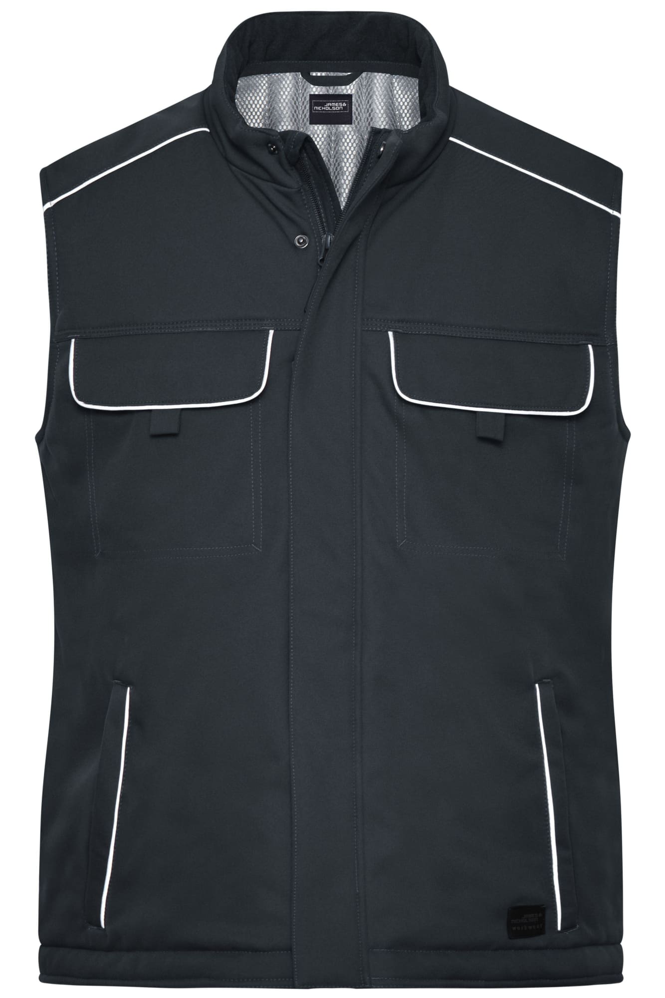 A dark grey padded vest with white piping, featuring two chest pockets and two side pockets. It has a logo. Workwear Softshell Padded Vest - Image 1
