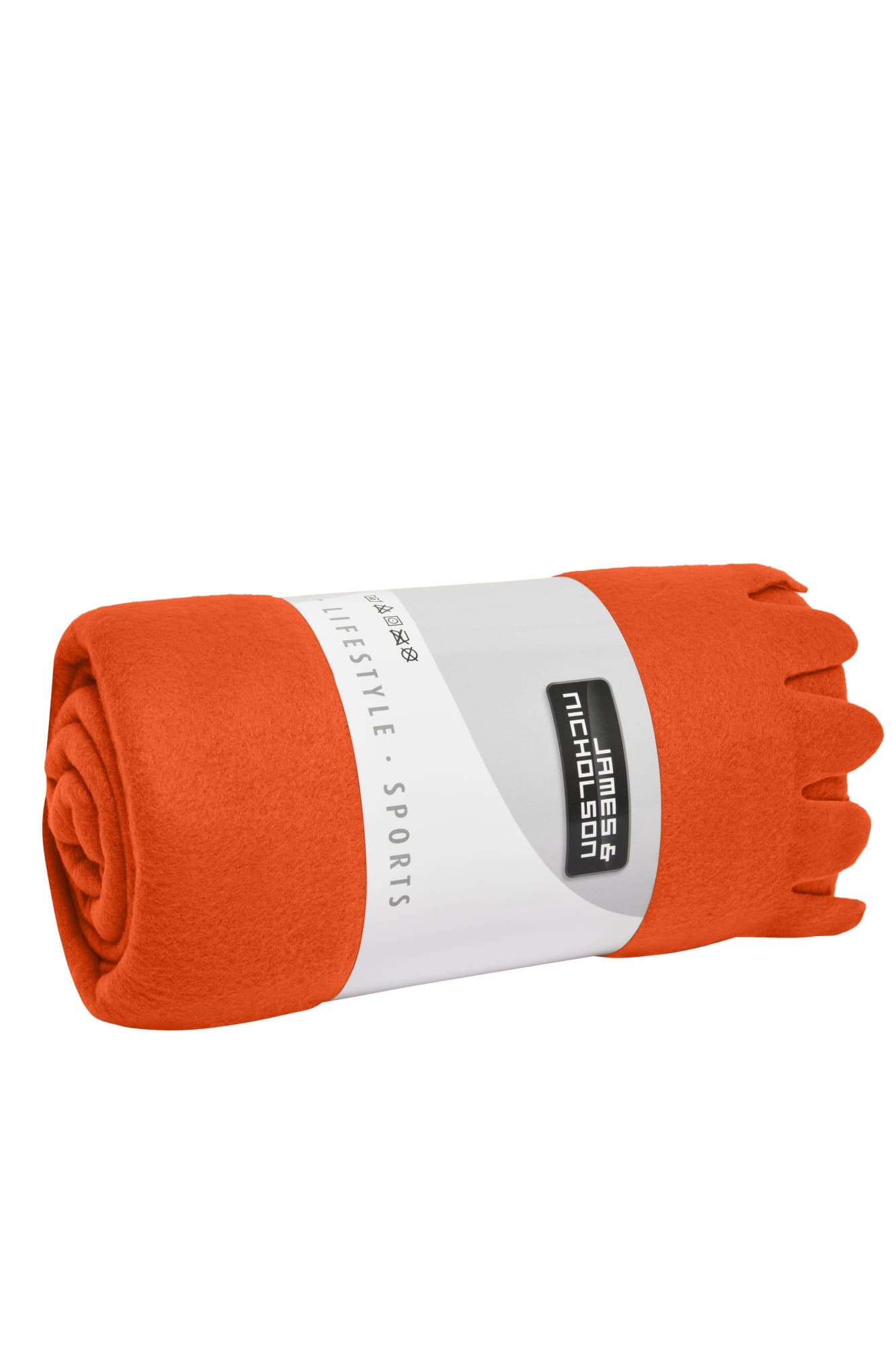 An orange fleece blanket, neatly rolled and secured with a band, featuring a logo. Fleece Blanket - Image 1