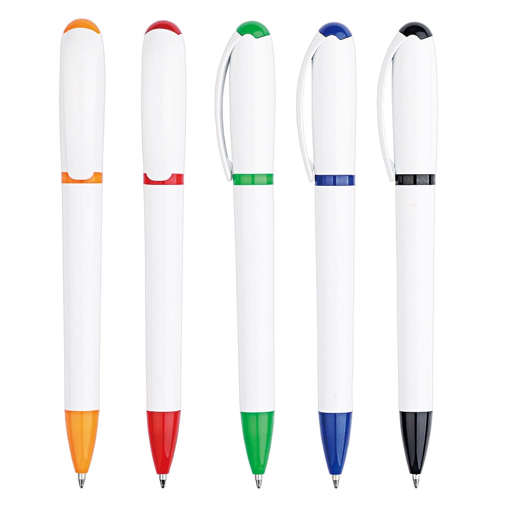 A collection of five plastic pens in white with coloured accents: orange, red, green, blue, and black. Each has a logo. Antila pen plastic pen - Image 1