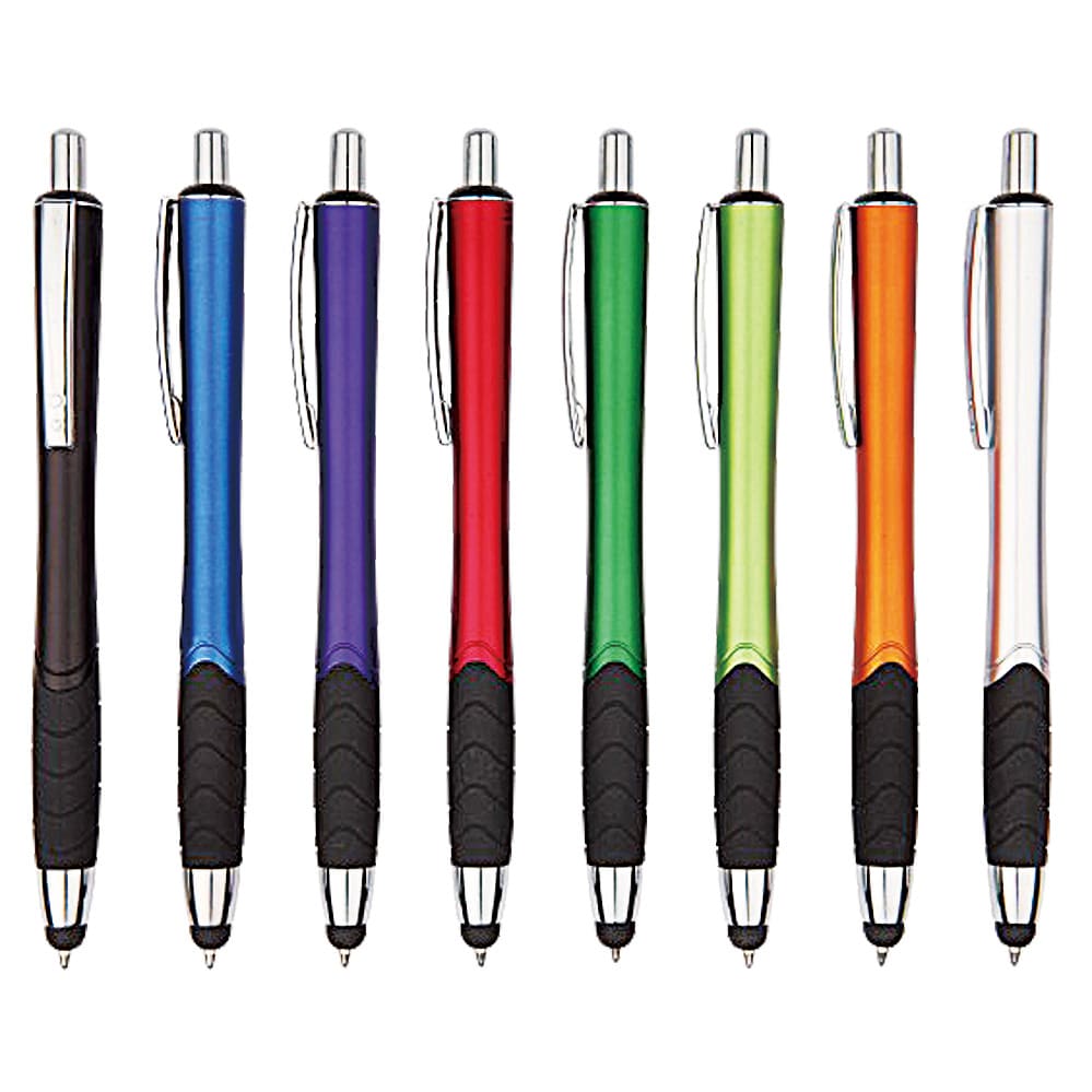 A collection of eight stylus pens in various colours: black, blue, purple, red, green, orange, and silver, with textured grips. Aries plastic stylus pen - Image 1