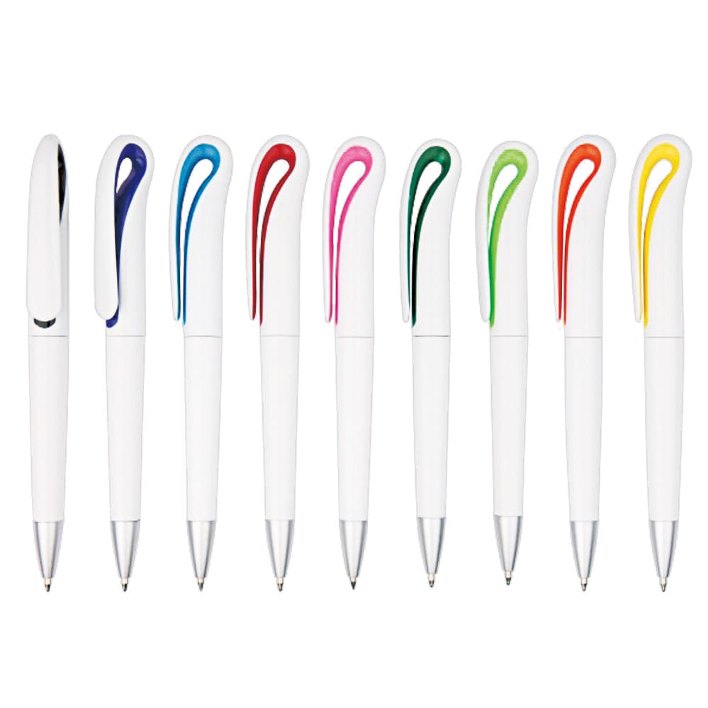 A row of ten plastic pens in white with colourful clip designs in blue, red, pink, green, and yellow. Each pen has a logo. Cygnus plastic pen - Image 1